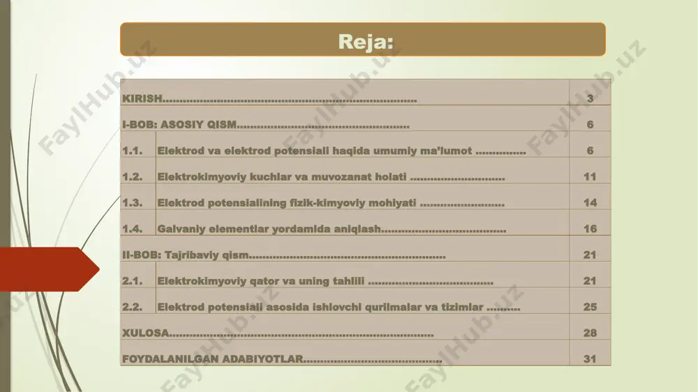 lektrod potensiali haqida umumiy ma’lumot zamonaviy fizik kimyo fanining muhim bo‘limlaridan biri bo‘lgan elektrokimyo – moddalar orasida elektronlar almashinuvi asosida kechadigan kimyoviy jarayonlarni o‘rganadi. bu jarayonlarning markazida esa elektrodlar va ularning potensiali yotadi. elektrod – bu elektrokimyoviy tizimlarda elektronlarning harakatini ta’minlovchi, elektr toki o‘tkazuvchi qatlamdir. odatda elektrodlar metall yoki grafit kabi materiallardan tayyorlanadi va ular elektrodlit eritmaga tushiriladi. elektrod bilan eritma orasida yuz beradigan reaksiyalar elektrokimyoviy muvozanatni belgilaydi. elektrodlar potensialini aniqlashda nernst tenglamasi muhim o‘rin tutadi. bu tenglama ionlar kontsentratsiyasi bilan potensial o‘rtasidagi bog‘liqlikni quyidagicha ifodalaydi: e = e⁰ – (0.0591/n)·log [ion] bu yerda: e – elektrodning real potensiali, e⁰ – standart elektrod potensiali, n – reaksiyada ishtirok etayotgan elektronlar soni, [ion] – eritmadagi ionning konsentratsiyasi. i.2. elektrokimyoviy kuchlar va muvozanat holati elektrokimyo sohasining asosiy tushunchalaridan biri bu – elektrokimyoviy kuch (ekk) hisoblanadi. ekk elektrokimyoviy tizimlarda elektr toki hosil bo‘lishini ta’minlaydigan asosiy harakatlantiruvchi kuch bo‘lib, u elektrodlar orasidagi potensiallar farqi …