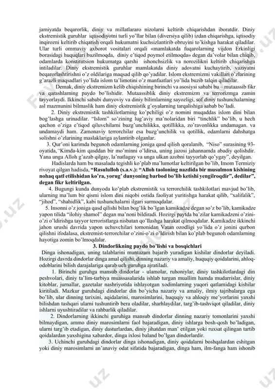 bilimsizlik, mutaassiblik ham islom dinida qoralanadi. islom tarixida dinda chuqur ketib, haddidan oshish natijasida musulmonlar ichida ko’plab firqalar vujudga kelgan bo’lsa, hozirgi davrda ham bu holat davom etmoqda. o’tmishda xorijiylar, mu’taziliylar, marisiylar, rofiziylar, qadariylar, jahmiylar islom dinida bo’linishni boshlab unga katta zarar yetkazishgan bo’lsa, hozirgi vaqtda ham “al-qoida”, “musulmon birodarlar”, “hizbu-t-tahrir”, “hizbulloh”, “tablig’chilar”, “akromiylar”, “nurchilar”, “soxta salafiylar”, “jihodchilar” kabi ko’plab firqalar dinni targ’ib qilish bahonasida aqidaparastlik, mutaassiblik, ekstremizm g’oyalarini tarqatishga harakat qilmoqdalar. ekstremistik, terroristik tashkilotlar din niqobi ostida siyosiy maqsadlarni ko’zlagan holda odamlar ongida dinga nisbatan salbiy munosabat shakllanishiga ham sababchi bo’lmoqdalar. 8. islom dini ezgulikka asoslangan mo’’tadil din bo’lib, diniy mutaassiblikka va dinga chuqur berilishga doimo qarshi bo’lgan. islom dini mutaassiblikka xayrixohlik bildirmaydi. aksincha, insonni teran o’ylashga, boshqalarga nisbatan murosali bo’lishga chaqiradi. islom dinining poydevori bag’rikenglik va yengillik asosiga qurilgan bo’lib, u doimo mutaassiblik, aqidaparastlik, ekstremizm va terrorizmga qarshi kurashib kelmoqda. jamiyat hayotida mutaassiblik va aqidaparastlikning ko’pgina salbiy oqibatlari …
