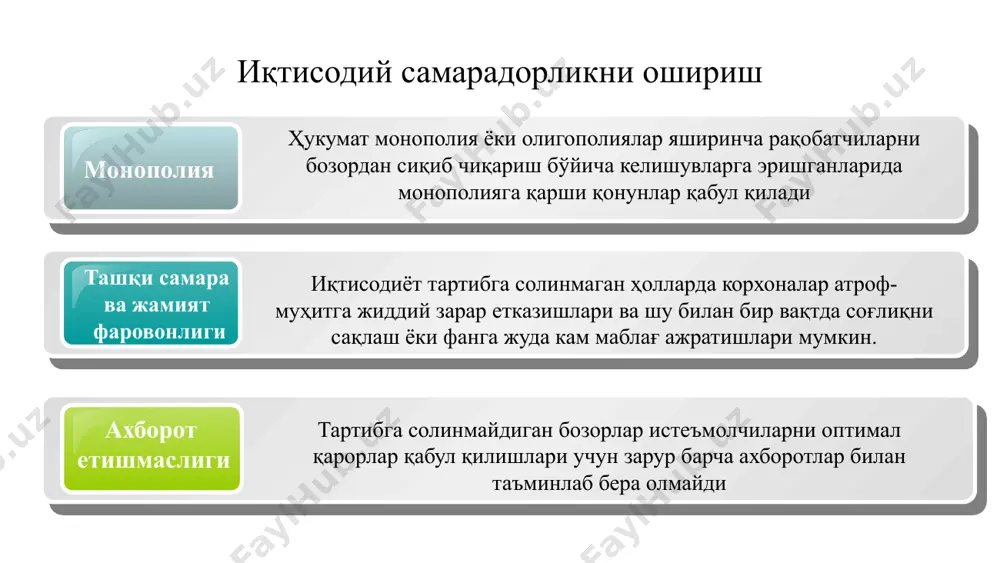 солиғи (базавий ставка — 4%). 18 солиқларнинг турлари 1 оборот солиғи қўшилган қиймат солиғи, акциз солиғи, божхона ва ер ости бойликлари қийматидан олинадиган солиқлар 2 даромад солиғи жисмоний ва юридик шахслар даромадига солинадиган солиқ (ижтимоий инфратузилмани ривожлантириш солиғи ҳам киради) 3 мол-мулк қийматидан солиқ мол-мулк солиғи, экология, автомобилларни қайта сотиш солиғи ва б. 4 ер солиғи қишлок хўжалик чикарувчиларининг ягона ер солиғи ва юридик (ноқишлоқ хўжалик) ва жисмоний шахсларнинг ер солиқлари 20 иқтисодий моҳиятига кўра солиқлар эгри (бевосита) ва тўғри (билвоста) солиқларга бўлинади тўғри солиқларни бевосита солиқ тўловчиларнинг ўзи тўлайди, яъни солиқни ҳуқуқий ва ҳақиқий тўловчиси битта шахс бўлади. бу солиқларга даромаддан тўланадиган солиқлар ва барча мулк солиқлари киради. эгри солиқлар истеъмолчилардан тўғридан-тўғри ундирилмасдан товар ва хизматлардан ундирилади. ушбу солиқлар товар ёки хизмат қийматига устама сифатида қўшилади. 21 тўғри солиқлар ставкасининг пасайтирилиши корхоналар даромадининг кўп қисмини уларга қолдириб, инвестиция фаолиятини кенгайтириш имконини яратади. ушбу солиқларнинг ставкалари оширилса, бизнес имкониятлари камая …