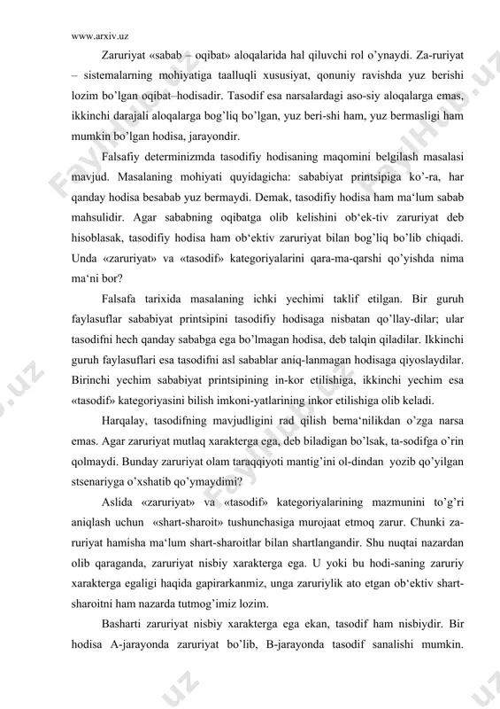 vklid geometriyasining aynan lobachevskiy tomonidan kashf etilishi tasodifdan o’zga narsa emas. biroq xviii asr oxiri - xix asr boshlaridagi geometriya fani taraqqiyoti noevklid geometriyasining kashf qilinishi uchun barcha zaruriy shart-sharoitlarni yaratib bo’lgandi. aytmoqchi, lobachevskiy-dan ayri holda noevklid geometriyasining bolyai va guss tomonidan ochili-shi ham shu zaruriyatning mavjud bo’lganidan dalolat beradi. v) imkoniyat va voqelik zaruriyat va tasodif o’rtasidagi dialektik aloqadorlik imkoniyatning voqelikka aylanishi dialektikasi bilan bog’liqdir. sistemalar taraqqiyo-tidagi har bir bosqich keyingi rivojlanish bosqichlariga o’tish uchun ko’plab imkoniyatlar yaratadi. ushbu imkoniyatlardan birortasining kelajakda ruyob-ga chiqishi tasodifiy xarakterga ega. binobarin, sabab-oqibat zanjirini to’liq tasavvur etish uchun «imkoniyat» va «voqelik» kategoriyalariga muro-jaat qilish lozim. «sabab-oqibat» munosabatlari sabab-hodisa zaruriy yoki tasodifiy oqibatni yuzaga keltirganda sodir bo’ladi. basharti sabab-hodisa sodir bo’lmagan bo’lsa-yu, lekin yuzaga kelishi mumkin bo’lsa, uni imkoniyat deb ataydilar. imkoniyat – sabab-hodisaning ayrim elementlari mavjudligini, ayrimlari esa hali mavjud emasligini ifodalovchi kategoriyadir. voqelik esa ob‘ektiv reallikka aylangan imkoniyatdir. voqelik aktual (mavjud) borliq, …