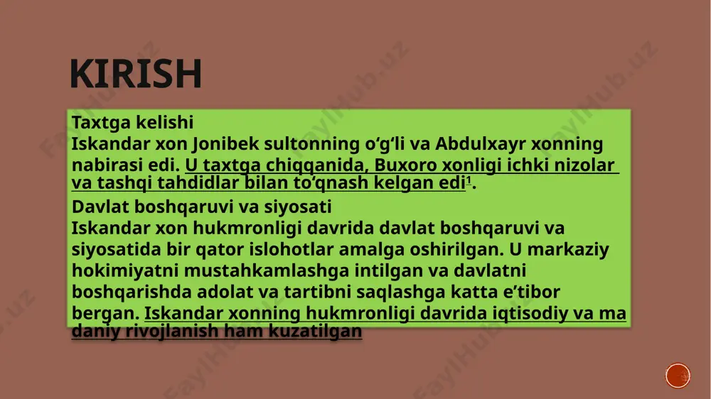 l 17-18-aprelgacha butun oʻzbeklarning oliy xoni boʻlib qolgan. abulgʻoziyning yozishicha, iskandarxonning ikkita juda yaxshi xususiyati boʻlgan: u barcha farz qilingan va tavsiya etilgan ibodatlarni puxtalik bilan ado etar va boshqa hech kim xon kabi lochin ovini yaxshi bilmagan. iskandarxon taniqli tasavvuf olimi, maxdumi aʼzam kosoniyning muridi va shogirdi edi. iskandarxon vafoti munosabati bilan tuzilgan bir xronogrammada u podishohi darvishhon (darveshlar hukmdori) deb atalgan[16]. maʼlumki, buxoroning dahalaridan biri iskandarxon nomi bilan atalgan bo‘lib, bu yerda 1950-yillarga qadar u tomonidan qurilgan masjid bo‘lgan. masjidining vaqfi „juda yaxshi“ deb baholangan iskandarxonning to‘rt o‘g‘li bor edi: ibodulla sulton, do‘stum sulton, abdullatif sulton va abdullaxon ii. ulardan abdullaxon ii undan vorislikni olgan. uning boshqa oʻgʻillari otasi davrida va abdullaxon ii hukmronligining boshida ibodulla sulton samarqand viloyatida, doʻstum sulton toshkent viloyatida hokimlik qilganlar. birinchi ashtarxoniy xonlarining onasi iskandarxonning qizi zuhraxonim boʻlib, u jonibek sultonga turmushga chiqqan. eʼtiboringiz uchun rahmat. image4.png image3.png image5.jpeg image6.jpeg image2.png /docprops/thumbnail.jpeg