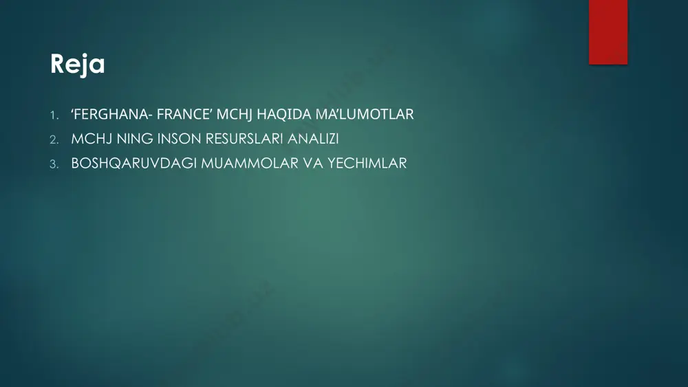 da fikr-mulohazalarni to'plang. 2 jamoa qurish faoliyati hamkorlik va muloqotni yaxshilash uchun jamoa qurish tadbirlarini tashkil qiling. 3 tan olish va qadrlash xodimlarning hissalari va yutuqlarini tan oling va mukofotlang. 10 ish haqi va nafaqalarni taqqoslash 1 sanoat ma'lumotlari boshqa vino ishlab chiqaruvchi kompaniyalardan ish haqi va imtiyozlar ma'lumotlarini tahlil qilsh 2 bozor tahlili iste'dodlarni jalb qilish va saqlab qolish uchun ish haqi va imtiyozlar paketlarini solishtirish 3 xodimlarni ushlab turish raqobatbardosh kompensatsiyani ta'minlash uchun ish haqi va nafaqalarni sozlash 11 e’tiboringiz uchun rahmat 12 image6.png image7.png image8.png image9.png image10.png image11.png image12.png image13.png image14.png image15.png image16.png image17.png image18.png image2.png image3.png image4.png image5.png