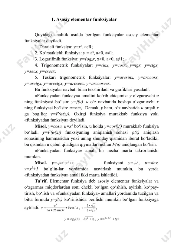 g‘lanish deyiladi. bu funksiya uchun , , bo‘-lib, grafigi to‘g‘ri chiziqdan iborat ekanligini ko‘rsatamiz. to‘g‘ri chiziq grafigini yasash uchun uning ikkita nuqtasini bilish yetarli. 1-misol. ning grafigini yasaymiz. bu yerda deb , ya’ni nuqtani deb , ya’ni nuqtani topamiz. bu nuqtalarni koordinatalar tekisligida belgilaymiz va ularni to‘g‘ri chiziq bo‘yicha tutashtirib, funksiyaning grafigini topamiz (18-rasm). y a 2 x 0 1 18-rasm. shunga o‘xshash, funksiya grafigi nuqtadan o‘tishini ko‘rish mumkin. demak, funksiyada bo‘lsa, to‘g‘ri chiziq koordinatalar boshidan o‘tadi. 2-misol. grafigini yasaymiz. bu yerda desak bo‘ladi, nuqtani topamiz. tenglikda desak bo‘lib, to‘g‘ri chiziq (0;b) nuqtadan o‘tadi. bundan xulosa chiqarib aytish mumkinki, tenglikdagi to‘g‘ri chiziqni oy o‘qida kesib ajratgan kesmasining miqdorini beradi. misolda deb , ya’ni nuqtani topamiz va to‘g‘ri chiziq grafigini (19-rasm) yasaymiz. y y φ m(x,y) b b 1 b с a φ 0 x a 0 n x 19-rasm. 20-rasm. quyidagi masalani ko‘rib chiqamiz. koordinatalar boshidan o‘t-maydigan, koordinata o‘qlarini kesib …