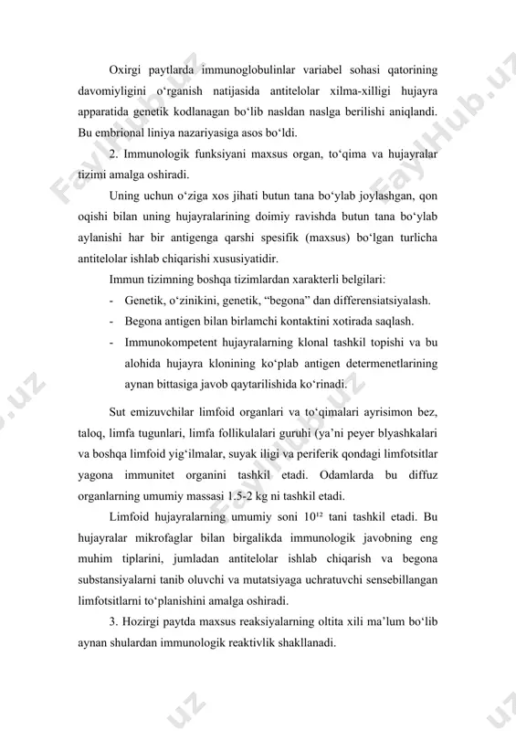 imalarning bakteratsid substansiyalari, fermentlar gidrolizatlari, lizotsim, properdin. immun javob tushunchasi immunologik reaktivlik termini bilan mos keladi. har ikkalasi antigenga qarshi reaksiyani nazarda tutadi. a antigenga qarshi anti-a antitelolari, b antigenga qarshi esa maxsus maxsus anti -b antitelolari ishlab chiqariladi va har biri faqat shu mos antigen bilan o‘zaro ta’sirlashadi. o‘z navbatida noospesifik himoya omillarini noospesifik (nomaxsus) immunologik reaktivlik deb atab bo‘lmaydi. chunki hech qanday mahsus javob yuz bermaydi. teri qoplamasi mikrob bor yo‘qligidan qat’iy nazar o‘tkazmaslik xususiyatga ega va unga mikroorganizmlar tushganda yuqoridagi maxsus yuqoridagi xususiyati kuchaymaydi. teri qoplamasi sekretlarining bakteritsidligi oshqozon shirasining kislotaliligi, lizotsim ishlab chiqarilishi mikro organizmlarning tushishiga, ko‘p-ozligiga bog‘liq emas. komplementning komponentlaridan biri antitelo molekulasiga birikadi va antigen saqlovchi hujayraning lizisga uchrashini ta’minlaydi. biroq komplement ishlab chiqarish antigen kiritilishiga qarshi javob reaksiyasi hisoblanmaydi. immunologik nazoratning oxirgi vaqtlarida ochilgan mexanizmlari allogen ingibitsiya, nosingen stvol hujayralarning inaktivatsiyasi va maxus hujayralar-tabiiy killerlarning o‘smalarga qarshi faolligi o‘ziga xos o‘rin tutadi. bu …