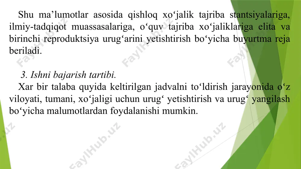 tizimi ishlab chiqildi. 1925— 26 yillarda ilmiy urugʻchilik shakllandi. gʻoʻza urugʻchilikgi boʻyicha ishlar 1925-yildan turkiston seleksiya va urugʻchilikni nazorat qilish st-yasida olib boriddi. 1926-yilda fargʻona, 1929-yilda toshkent viloyatlarida sabzavot, poliz ekinlarining navli urugʻligini yetishtirish boʻyicha urugʻchilik xoʻjaliklari tashkil etildi. 1926—37 yillarda donli ekinlar urugʻchilik bilan kattaqoʻrgʻon va milyutin (hozirgi gʻallaorol) tajriba st-yalari shugʻullandi. 1927-yilda andijonda birinchi elita ekinzorlari tashkil etildi. 1931-yilda donli ekinlarning navdor urugʻligi uchun davlat standarti tasdiqlandi, davlat navdor urugʻlik fondi tuzildi va yangi urugʻchilik tizimi vujudga keldi. 50—60-yillarda ham urugʻchilik tizimini shakllantirish ishlari davom ettirildi. 1965-yilda gʻoʻza, beda va boshqa oʻt ekinlari seleksiyasi va urugʻchiligi bilan shugʻullanadigan hozirgi oʻzbekiston gʻoʻza seleksiyasi va urugʻchiligi, 1974-yilda gʻalla ekinlari seleksiyasi va urugʻchiligi bilan shugʻullanadigan oʻzbekiston gʻallachilik instituti (sobiq milyutin tajriba st-yasi) tashkil etildi. oʻzbekiston respublikasi mustaqillikka erishganidan keyin qishloq xoʻjaligi ekinlarining oʻz urugʻchilik bazasini yaratish, qimmatli navlarning genofondini saklab krlish, respublikaning iqlim sharoitlariga moslashgan yangi nav va duragaylarini yaratish, qishloq …