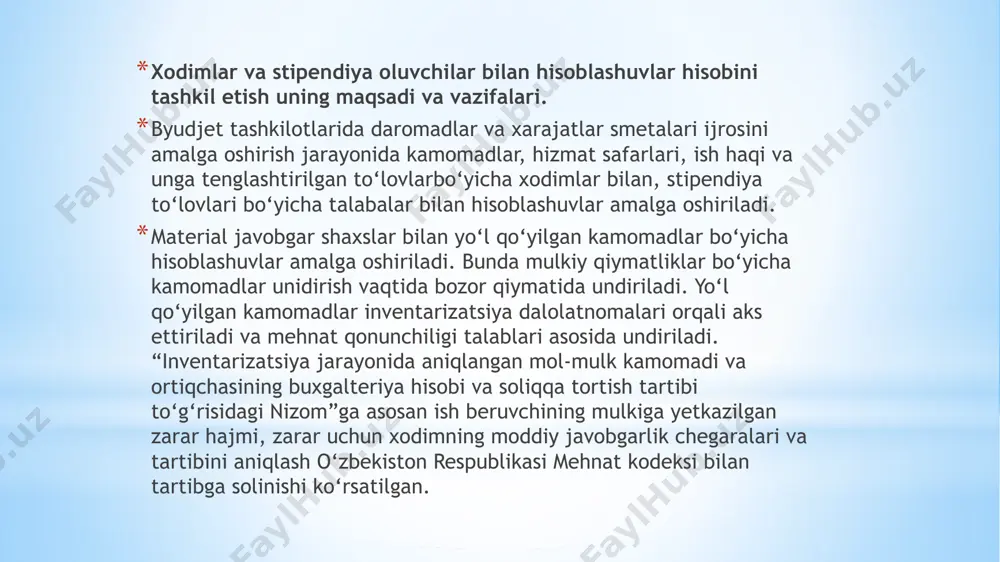 doralar, korxonalar va tashkilotlar xodimlari o‘zbekiston respublikasi tashqarisiga xizmat safariga yuborilganda xizmat safari xarajatlari uchun mablag‘lar berish tartibiga asosan amalga oshiriladi. hisobi beriladigan avanslar avans oluvchining yozma arizasiga binoan (arizada avansning nimaga mo‘ljallanganligi ko‘rsatilishi kerak) tashkilot rahbarining buyrug‘i asosida beriladi. hisobi beriladigan pullar ular berilayotgan vaqtda ko‘zda tutilgan maqsadlar uchungina sarflanadi. avans summalarining sarflanganligi haqida hisobdor shaxslar 286-son shakldagi avans hisobotini tashkilot buxgalteriyasiga topshiradilar. ular ushbu hisobotga qilingan xarajatlarni tasdiqlovchi hujjatlarni ilova qilib topshiradilar. avans hisobotiga ilova qilingan hujjatlar hisobdor shaxs tomonidan ularning hisobotda yozilish tartibiga qarab raqamlab chiqiladi. buxgalteriyada avans hisobotlari arifmetik tekshirib chiqiladi, shuningdek, hujjatlarni to‘g‘ri rasmiylashtirilganligi hamda mablag‘larni muayyan maqsadlar uchun sarflanganligi tekshiriladi. tekshirib chiqilgan avans hisobotlari tashkilot rahbari tomonidan tasdiqlanadi. xodimlar bilan ijtimoiy nafaqalar bo‘yicha hisoblashuvlar hisobi. mehnat qonunchiligiga asosan byudjet tashkilotlari xodimlari xar yili mehnat ta’tiliga chiqish xuquqiga ega. bunda mehnat ta’tiliga chiqishi bo‘yicha buyruq rasmiylashtirilgandan so‘ng buxgalteriya tomonidan o‘rnatilgan tartibda mehnat ta’tili uchun ish …