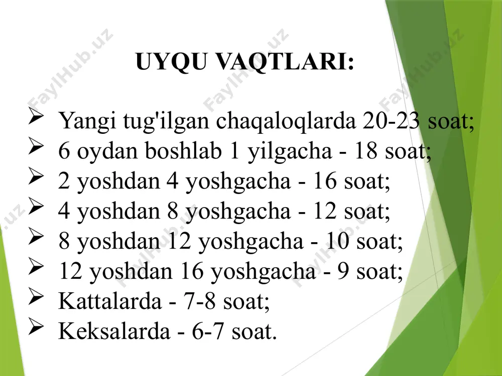 buzilganlik sabablari hayajonlangan holat - oldingi kuchli jismoniy va/yoki aqliy faoliyat, hissiy tajribalar; kompyuter bilan ishlash; televizor ko'rish; baland, ritmik musiqa; faollashtiruvchi ichimliklardan foydalanish (kuchli choy, qahva, kofein o'z ichiga olgan ichimliklar); ekstraktiv ovqatlardan foydalanish; buzilganlik sabablari "ortiqcha energiya" holati, harakatsiz turmush tarzi, kech uyg'onish, kunduzgi uyqu, kun davomida uyquchanlik, etarli jismoniy mashqlar etishmasligi; ekologik noqulaylik ajoyib harorat, namlik, yorug'lik. buzilganlik sabablari to'shakda noqulaylik noqulay to'shak, yostiq, choyshab, ichki kiyim. vaqt zonalarining tez-tez o'zgarishi, smenali ish . buzilganlik sabablari ovqat hazm qilish traktining holati intensiv peristaltika, ich qotishi, meteorizm (gaz hosil bo'lishining kuchayishi). uykuni yatrogen buzishlari antibiotiklar (xinolonlar); lipidlarni kamaytiradigan vositalar (statinlar, fibratlar, xolestiramin); antiparkinsonik dorilar (levodopa, selegilin); yurak glikozidlari (ularning haddan tashqari dozasi bilan); saratonga qarshi dorilar; antitussivlar. uykuni yatrogen buzishlari psixotrop dorilar (antidepressantlar, psixostimulyatorlar, nootropiklar); antihipertenziv dorilar (klonidin, b-blokerlar); antiaritmik dorilar; bronxodilatatorlar (ipratropium bromid, terbutalin, salbutamol, teofillin preparatlari); gormonal dorilar (glyukokortikoidlar, qalqonsimon gormonlar, progesteron); davolash yatrogen ta'sirni yo'q …