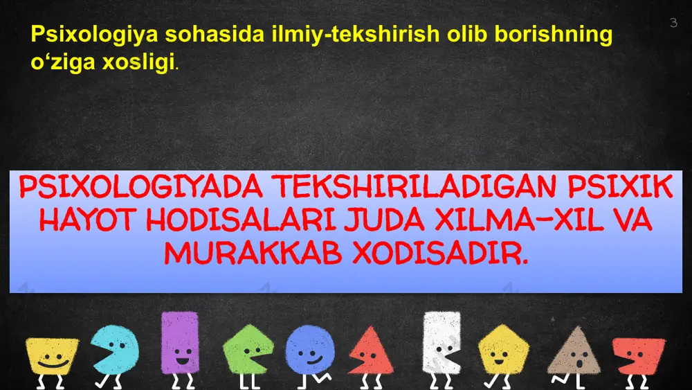 kshirishni oldindan vazifa qilib qo’yadi. 16 biografiya metodi bu metodda odam psixikasini tekshirish uchun ayrim kishilarning hayoti va faoliyati haqidagi ma’lumotlar ,ayniqsa, ularning o’zlari bergan ma’lumotlar , shuningdek, boshqa kishilar yozib olgan biografiya ma’lumotlari katta ahamiyatga egadir. 17 test test- inglizcha “sinov,tekshirish” boshqa metodlar kabi test metodining ham bir qancha afzalliklari bor.testning foydali tomonlari shuki undagi savollar chuqur o’ylangan va eksperemental sinalib aniq bayon qilingan bo’ladi. shuningdek teslar qisqa vaqtda tadqiqotchini qiziqtirayotgan o’quvchining ba’zi belgilari-bilimi,tushunchasi va boshqalar haqida yaxlit shakldagi ma’lumotlarni ochib beradi. 18 korrelyatsiya” atamasi birinchi marta frantsuz paleontologi j.kyuvi tomonidan qoʻllanilgan boʻlib, u “hayvonlarning qismlari va organlarining korrelyatsiya qonuni”ni (bu qonun tananing topilgan qismlaridan butun hayvonning tashqi koʻrinishini tiklashga imkon beradi) xulosasini chiqargan. ( bu atama statistikaga ingliz biologi va statistiki f.galton tomonidan kiritilgan ) faqat “bog'lanish” emas - munosabat, va "ulanish kabi" - korrelyatsiya). f. galton (inglizcha) psixologik modellashtirish) - hayotiy vaziyatlarni taqlid qilish orqali uni tadqiq …