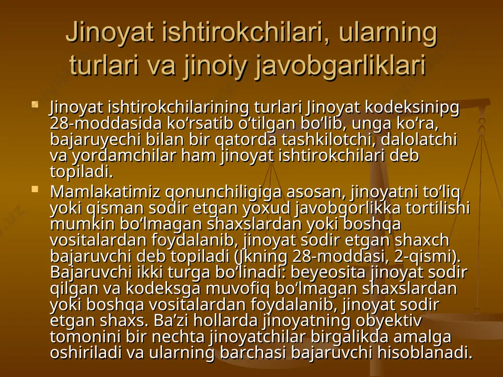chi ishtirokchilar orasida eng xavflisi bo‘lib, u jinoyatga tayyorgarlik ko‘rish, jinoyatni sodir etishga rahbarlik kiladi. tashkilotchi ko‘pincha jinoyatda bevosita qatnashmagani sababli uni ushlash, aybini isbotlash va javobgarlikka tortish qiyin kechadi. tashkilotchi jinoyatni qaysi yo‘l, usul bilan sodir etish rejasini ishlab chiqadi, boshqa ishtirokchilarni tanlaydi, ularni tayyorlaydi, yo‘riqlar beradi, zarur anjomlarni yig‘adi. ko‘p hollarda tashkilotchi o‘z harakatlarini himoya qilish va zarur ma’lumotlarni olish uchun huquqni muhofaza qilish idoralaridan birorta mansabdor shaxsni jalb etishga o‘rinadi. qoidaga ko‘ra, uyushgan guruh yoki jinoiy uyushmaga tajribali jinoyatchilar rahbarlik qiladi va jinoyatga tayyorgarlik ko‘rish, uni amalga oshirishni tashkillashtiradi. jinoyat sodir etishga qiziqtiruvchi shaxs dalolatchi deb topiladi. u har qanday shaklda, ya’ni majburlash va ishontirish orqali dalolat qiladi. majburlash jinoiy va ruhiy bo‘lishi mumkin. ruhiy majburlash ko‘pincha dalolatchi tomonidan qo‘rqitish orqali sodir qilinadi. biror kishini ishontirish orqali jinoyatga tortish uchun bir necha marta xabar yetkazgan shaxsni dalolatchi sifatida javobgarlikka tortish mumkin. lekin bir necha marta xabar yetkazgan …