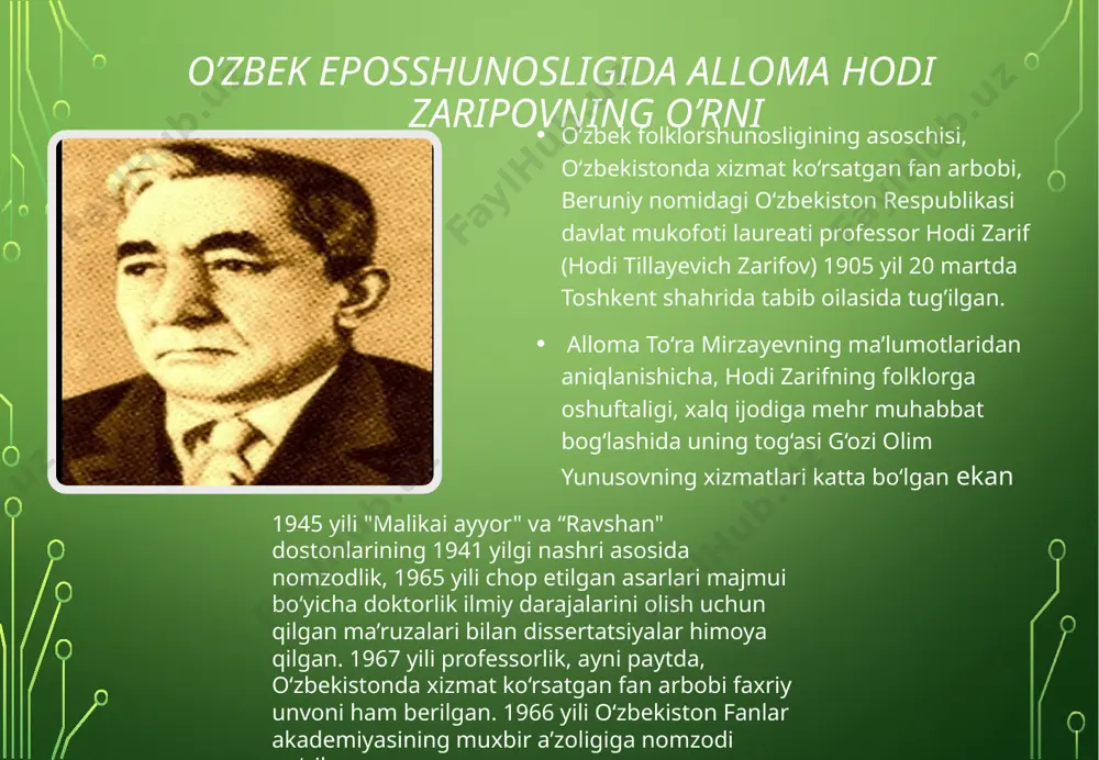 g`oloni», «ochildov», «amir qochdi»,, «xasan batrak», «kooperativ urrilari» kabi zamonaviy asarlar, bir qancha ertaklar, termalar, maqollar va topishmoqlar olim tomonidan birinchi marta nashr etildi. bu nashrlarning xarakterli tomoni shundaki, ular tayyorlovchi tomonidan yetarli ilmiy apparat bilan ta’minlangan, har bir suzning originaldan aniqlanishiga va tugri yozi- lishiga harakat qilingan. ilmiy meyor bilan kitobxonlar urtasidagi nisbat doimo hisobga olingan. atoqli olimning adabiyot tarixiga oid tadqiqotlarining xarakterli xususiyati shundaki, u juda kam o`rganilgan yoki umuman tekshiruvchilarning nazoratidan chetda qolgan masalalarni qalamga oladi. bu jihatdan, uning adabiyotimiz tari- xining xiv, xv, xix asrlariga murojaat etishi ayniqsa xarakterlidir. tadqiqotchi xiv, xv asrlar o`zbek adabiyotiga oid asarlarida, bir tomondan, o`zbek poeziyasining asoschisi alisher navoiyning buyuk shoir bulib yetishishiga asos bo`lgan adabiy zamin — ulug shoirning ijodiy muhitini yoritsa, ikkinchi tomondan, o`z muhitidan juda yuksak kutarilgan, o`z zamonasida va undan keyin ham bir necha asr davomida turkiy tildagi adabiyotning taraqqiysi uchun o`rnak va juda boy ada- biy …