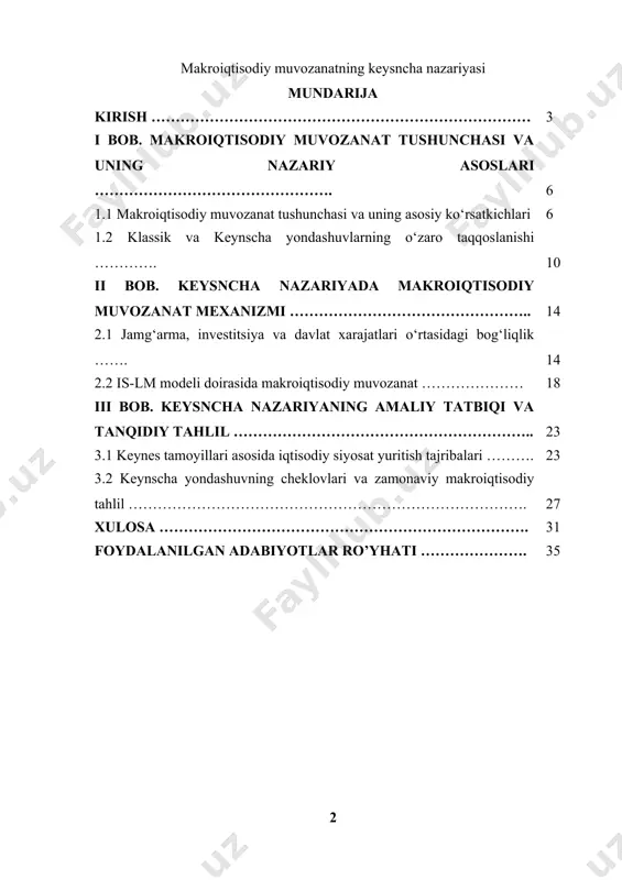 tga erishish masalalarida muhim ahamiyat kasb etadi. shu sababli, ushbu mavzuning o‘rganilishi nazariy va amaliy jihatdan dolzarbdir. kurs ishi ahamiyati mazkur kurs ishi makroiqtisodiy muvozanatning keynscha nazariyasini chuqur o‘rganish orqali iqtisodiy jarayonlarni tahlil qilish va baholash ko‘nikmalarini shakllantirishga xizmat qiladi. ushbu nazariya davlatning iqtisodiyotga aralashuvi, investitsiyalar, jamg‘armalar va iste’mol hajmi o‘rtasidagi bog‘liqlikni tushunishda muhim nazariy asos bo‘lib xizmat qiladi. shuningdek, kurs ishi keyns tamoyillarining zamonaviy iqtisodiyotga ta’siri va ularning amaliyotda qanday qo‘llanilishini o‘rganishga yordam beradi. natijada, talab va taklif o‘rtasidagi muvozanatni ta’minlash, iqtisodiy o‘sishni rag‘batlantirish va inqiroz sharoitida samarali choralar ko‘rish bo‘yicha ilmiy xulosalar chiqarishga imkon yaratadi. mazkur kurs ishining predmeti makroiqtisodiy muvozanatning keynscha nazariyasi va uning zamonaviy iqtisodiyotda qo‘llanilishidir. tadqiqot doirasida keynes tamoyillarining asosiy jihatlari, ularning iqtisodiy barqarorlikka ta’siri hamda davlatning iqtisodiyotga aralashuvi orqali muvozanatni ta’minlash mexanizmlari o‘rganiladi. shuningdek, is-lm modeli, investitsiya va jamg‘arma o‘rtasidagi bog‘liqlik va keynscha nazariyaning amaliyotdagi qo‘llanilishi kurs ishining asosiy tahlil obyekti sifatida ko‘rib chiqiladi. …