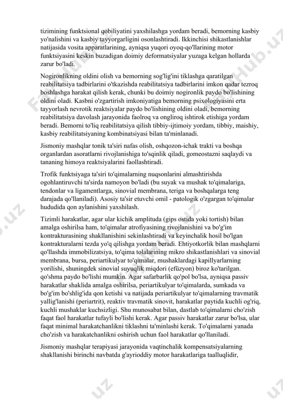 zadigan doimiy deformatsiyalar yuzaga kelgan hollarda zarur bo'ladi. nogironlikning oldini olish va bemorning sog'lig'ini tiklashga qaratilgan reabilitatsiya tadbirlarini o'tkazishda reabilitatsiya tadbirlarini imkon qadar tezroq boshlashga harakat qilish kerak, chunki bu doimiy nogironlik paydo bo'lishining oldini oladi. kasbni o'zgartirish imkoniyatiga bemorning psixologiyasini erta tayyorlash nevrotik reaktsiyalar paydo bo'lishining oldini oladi, bemorning reabilitatsiya davolash jarayonida faolroq va ongliroq ishtirok etishiga yordam beradi. bemorni to'liq reabilitatsiya qilish tibbiy-ijtimoiy yordam, tibbiy, maishiy, kasbiy reabilitatsiyaning kombinatsiyasi bilan ta'minlanadi. jismoniy mashqlar tonik ta'siri nafas olish, oshqozon-ichak trakti va boshqa organlardan asoratlarni rivojlanishiga to'sqinlik qiladi, gomeostazni saqlaydi va tananing himoya reaktsiyalarini faollashtiradi. trofik funktsiyaga ta'siri to'qimalarning nuqsonlarini almashtirishda ogohlantiruvchi ta'sirda namoyon bo'ladi (bu suyak va mushak to'qimalariga, tendonlar va ligamentlarga, sinovial membrana, teriga va boshqalarga teng darajada qo'llaniladi). asosiy ta'sir etuvchi omil - patologik o'zgargan to'qimalar hududida qon aylanishini yaxshilash. tizimli harakatlar, agar ular kichik amplituda (gips ostida yoki tortish) bilan amalga oshirilsa ham, to'qimalar atrofiyasining rivojlanishini …