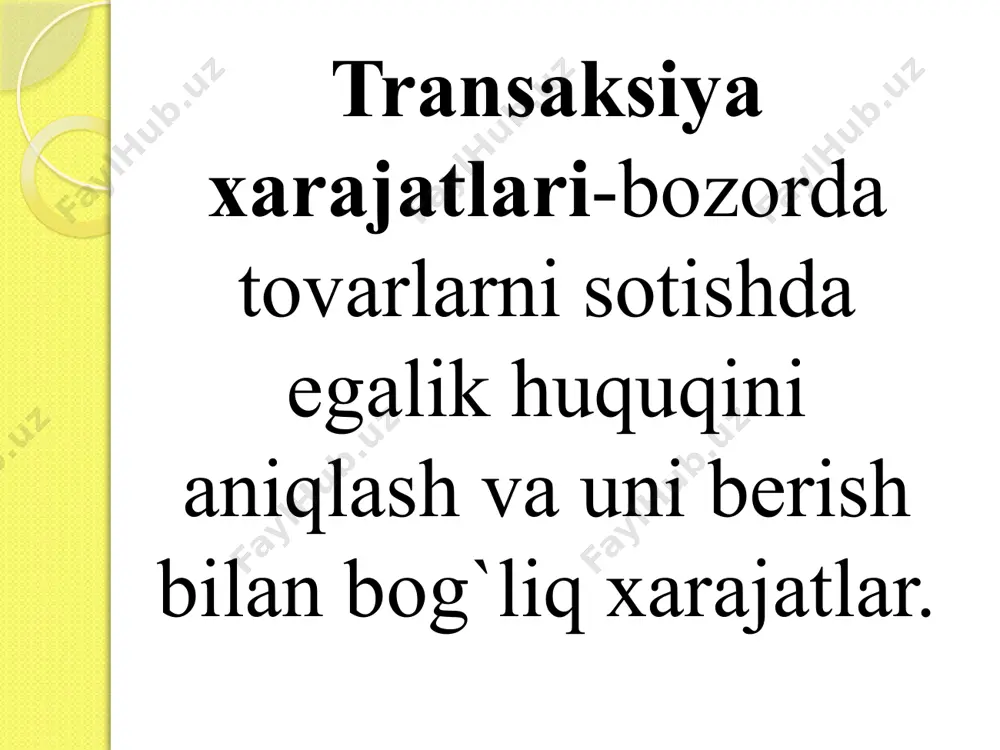 ladi makrodaraja transformatsiya xarajatlarini o‘rganish ishlab chiqarish nazariyasi doirasida olib borilgan va xarajatlarning ushbu turi ko‘pincha ishlab chiqarish xarajatlari – materialni jismoniy o‘zgartirish, buning natijasida muayyan qiymatga ega bo‘lgan mahsulot olinadigan jarayonidagi xarajatlarga tenglashtirilgan o‘zgarishlarga to‘sqinlik qiluvchi asosiy kuchlar d.nort tomonidan ham ko‘rib chiqilgan. ular jumlasiga quyidagilarni kiritish mumkin: - davlat – agar bu g‘azna daromadlari bilan xarajatlari orasidagi farqni kamaytirishga yordam bersa; - o‘zining shaxsiy manfaatlarini ko‘zlovchi nufuzli guruhlar; 1960 yil duglas nort angl. douglass cecil north tugilgan yili: 5 noyabrya 1920 (1920-11-05) (91 god) tugilgan joyi: kembridj, massachusets vatani: aksh ilmiy yunalishi iktisodchi alma-mater: kaliforniya universiteti berkli unvonlari nobel mukofati «iktisodchi» (1993) - jamiyatning uning avvalgi rivojlanish yo‘nalishiga bog‘liqligini belgilab beruvchi institutsional matrisa o‘tish iqtisodiyotida transformatsiya xarajatlariga quyidagi omillar ta’sir ko‘rsatadi: resurslarni investitsiyalashning an’anaviy sohalaridan yangi institutlarni barpo etishga yo‘naltirish. qayta tashkil qilish xarajatlari o‘tish rentasini qayta taqsimlash xarajatlari o‘tish iqtisodiyotida transformatsiya xarajatlariga quyidagi omillar ta'sir ko‘rsatadi: 1. …