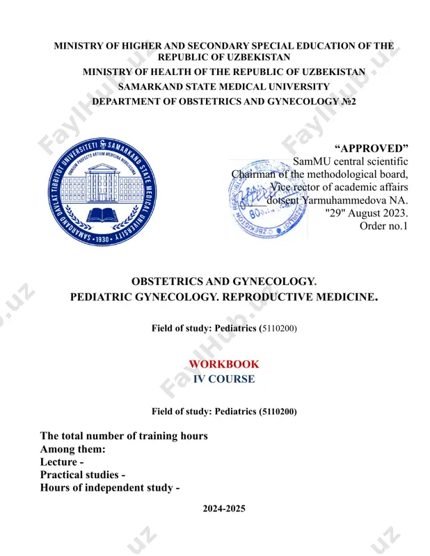octor of medical sciences. the working curriculum of the subject was approved by the decision of the academic council of the faculty of pediatric of samarkand state medical university dated ______ ___. 2024 № ___ chairman of the scientific council: 2024"____" ________ ________ (signature) dsc. s.e.mamarajabov (f.i.o.) agreed: head of department: 2024" ____ " _______ ________ (signature) prof. b.b. negmadjanov (f.i.o.) teaching courses in science practical classes № topic hours 1 carrying out pregnancy in a healthy woman. physiological childbirth. 4 2 risk of premature births. premature pregnancy. diagnosis. take away. post-term pregnancy. 4 3 assessment of the condition of the fetus during pregnancy and childbirth. fetal growth restriction syndrome. uncertain/unsatisfactory fetal position. 4 4 bleeding from the vagina in the early stages of pregnancy (up to 22 weeks). abortion and its complications. diagnosis. take away. emergency care for spontaneous abortions. guidelines for medical abortion. medication and artificial abortions. bleeding …