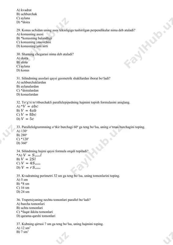 ar ikkalasi o‘tkir burchak bo‘lsa d) agar ikkalasi o‘tmas burchak bo‘lsa 51. parallelepipedning nechta yoqlari bor? a) 8 ta b) 7 ta c) 9 ta d) *6 ta 52. rombning nechta diagonali bor? a) 4 ta b) 1 ta *c) 2 ta d) 10 ta 53. stereometriya geometrik shakllarni qayerda o‘rganadi? a) tekislikda b) *fazoda c) burchakda d) chizmada 54. uchburchak tomonlariga qarab qaysi turlarga bo’linadi? a) *teng tomonli, teng yonli va turli tomonli b) o’tkir burchakli, yoyiq burvhakli va o’tmas burchakli c) to’g‘ri burchakli, teng tomonli va o’tkir burchakli d) teng yonli, turli tomonli va o’tmas burchakli 55. isbot talab qilinmaydigan tasdiqqa nima deb aytiladi? a) teorema b) lemma c) *aksioma d) ta’rif 56. 1 m necha detsimetrdan iborat? a) *10 dm b) 20 dm c) 50 dm d) 100 dm 57. 5 dm3 hajmdagi jismda necha litr suv sig‘adi? a) 50 litr b) *5 litr c) 100 litr …