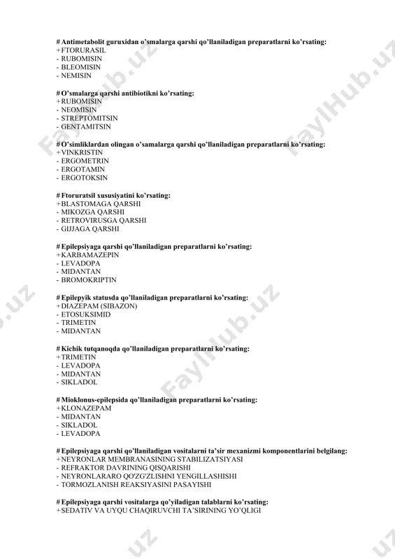 klozapin - diazepam # tioksanten unumi bo’lgan-tipik antipsixotik(neroleptik)moddani ko'rsating : + xlorprotiksen - aminazin - galoperidol - klozapin # butirofenon unumi bo’lgan-tipik antipsixotik(neroleptik)moddani ko'rsating: + galoperidol - sulpirid - klozapin - aminazin # atipik antipsixotik (neyroleptik) vositani ko’rsating: + sulpirid - aminazin - triftazin - xlorprotiksen # antipsixotik vositalar(neyroleptikov)ni tasir mexanizmi komponentini ko’rsating : + dofamin retseptorlarini susaytiradi - dofamin retseptorlarini stimulyatsiyasi - nerv impulse o’tishini stimulyatsiyasi - bosh miya po’stlog’ini stimulyatsiyasi # aminazinga xos xysusiyatni ko’rsating: + antipsixotik va sedativ - qustiruvchi - gipertenziv - gipertermik # fenotiazin xosilalarining nojo’ya ta’sirini ko’rsating + ekstrapiramidal buzilishlar - gipertoniya - lekotsitoz - ko’p terlash # antipesixotik vositalar (neyroliptiklar) ni qo’llashga qarshi ko’rsatma: + qon hosil bo’lishining buzilishi - dengiz kasalligi - psixozlar - nur kasalligi # rezerpin uchun xarakterli xususiyatni ko’rsating: + antipsixotik ta’sir - uxlatuvchilarning antagonisti - simpatomimetik ta’sir - shok va kollapsga qo’llaniladi # klozapinga xos xarakterli xususiyatni ko’rsating: …