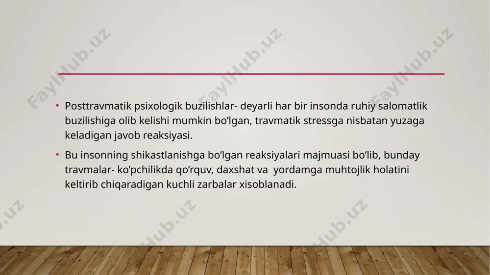 n/ tabiiy ofatlar- 4,5% posttravmatik ruhiy buzilishlar rivojlanishining havf omillari: stressor parametrlari( turi, kuchi, davomiyligi) ijtimoiy vaziyat jabrlanuvchining individual tipologik xususiyatlari organizmning umumiy holati travmatik tajriba yosh jins affektiv buzilishlar(giyohvandlik mavjudligi) etnik mansublik bilim darajasi sifatsiz turmush tarzi ijtimoiy yordamning yetarli emasligi travmatik vaziyat dinamikasi: rad qilish va shok fazasi agressiya va aybdorlik fazasi depressiya fazasi tuzalish fazasi 1. rad qilish va shok fazasi travmatik omil ta’siridan so’ng darol paydo bo’ladi. bunda, odam boshdan kechirayotgan daxshatga birinchi marta duch keladi va sodir bo’lgan narsalarni qabul qilishdan bosh tortadi. bu orqali haqiqatdan va og’riqli voqealardan qochishga harakat qiladi 2. agressiya va aybdorlik fazasi inson asta sekin sodir bo’lgan voqea haqida tashvishlana boshlaydi. sodir bo’lgan voqea uchun bevosita yoki bilvosita bog’liq bo’lganlarni ayblashni boshlaydi. bu holatda inson tajovuzga yo’l qo’yishi mumkin. aynan shu bosqichda inson “adolatsiz” dunyoda adolat o’rnatishga harakat qiladi 3. depressiya fazasi bu bosqichda inson vaziyat u o’ylaganidan ko’ra kuchliroq …
