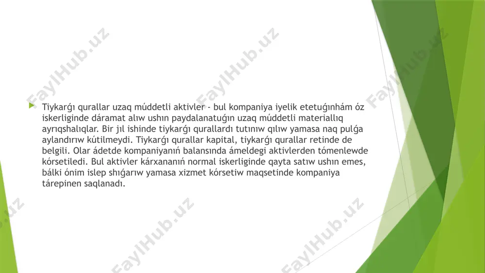 buyımlar. kárxananıń ózinde tayarlanǵan tiykarǵı qurallardıń baslanǵısh ma`nisi dep usı tiykarǵı qurallardı qurıw (qurıw, qurip pitiriw ) boyınsha haqıyqıy qárejetler summası tán alınadı. qurılıs dáwirinde qurılıs ushın alınǵan kreditler boyınsha esaplanǵan procentler júzege kelgen tiykarǵı qurallardıń baslanǵısh ma`nisine kiritiledi. aktivden maqsetke muwapıq paydalanıw ushın onıń tiyisli jumısın tekseriw processinde alınǵan ónim realizatsiya qılıwdıń sap ma`nisi boyınsha tabıs etiledi hám tiykarǵı qurallardıń baslanǵısh ma`nisi qáliplestiriwde kapital qoyılmalar summasınan ayrıladı. /docprops/thumbnail.jpeg