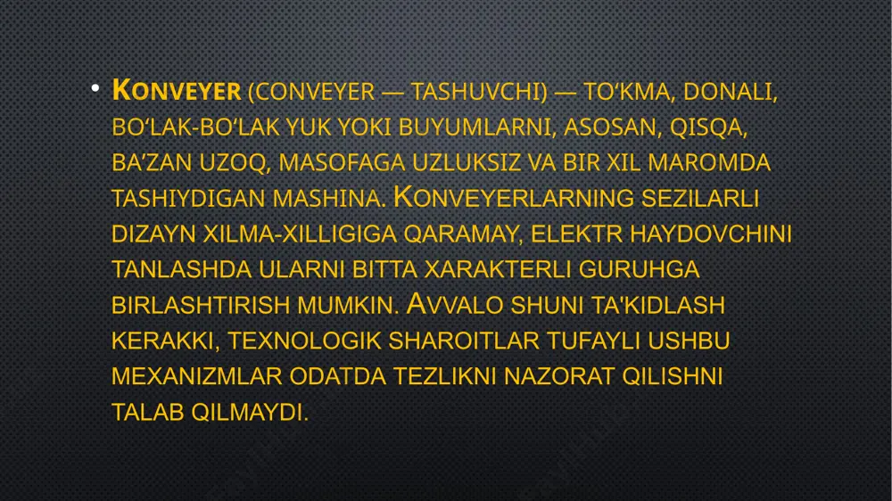 ko'p motorli qo'zg'aluvchanligi bilan, barqaror holatda bo'lgan motorlarning rotorlari bir xil tezlikka ega bo'ladi, chunki ular tortish elementi bilan mexanik ravishda bog'langan. vaqtinchalik rejimlarda tortish elementining elastik deformatsiyalari tufayli rotor tezligi biroz farq qilishi mumkin. xulosa xulosa qilib aytganda umumsanoat mexanizmlarining avtomatlashgan elektr yuritmalari faninini o’rganish va ushbu mustaqil ishimni bajarish davomida konveyerlar, ularning turlari va elektr yuritmalarini o’rganib chiqdim. konveyerlar uzluksiz ish rejimida ishlovchi mexanizm bo’lib, o’zgarmas tokli kompleks elektr yuritmalariga misol bo’ladi. foydalanilgan adabiyotlar 1. hoshimov o.o. umarov sh.b. andozaviy1.sanoat mexanizmlarini avtomatlashtirilgan elektr yuritmalari.-t.: "moliya", 2015-160 b. 2. imomnazarov a.t. sanoat korxonalari va fuqarolik binolaming elektrjihozlari. - t.: «ilm ziyo», 2006. - 185 b. 3. valery vodovozov «introduction to power engineering», 1st edition,bookboon. london, 2010. -112 р. 4. vodovozov.v. electric drive sistema and operation. bookboon. london,2011.-113 p. 5.xoshimov o.o., imomnazarov а.т. электромеханик курилма ва мажмуаларнинг элементлари. -т.: «уажбнт» маркази, 2003. - 124 6 image2.png image3.jpeg image4.jpeg image5.jpeg image6.jpeg …