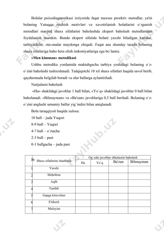 ik tekshiruv o`rnini bosmaydi, ularni to`ldiradi, chuqurlashtirishi mumkin. bolalarni tekshirishda savolnomalardan foydalanish o`z xususiyatlariga ega. masalan, bola mustaqil ravishda savolnoma qog`ozini to`ldirishi mumkin emas, chunki savolni noto`g`ri tushunib, noto`g`ri javob berishi mumkin. tadqiqotchi bolani savol bilan tanishtirishda, uning ma’nosini tushuntiradi, shundan so`ng javobni maxsus qog`ozga belgilab qo`yadi. r.kettell testining bolalar varianti bu metodika bog`cha bolalari va boshlang`ich sinf o`quvchilari uchun maxsus mo`ljallangan bo`lib, kettellning kattalar uchun mo`ljallangan 16-omilli shaxsni o`rganish testining moslashtirilgan variantidir. testning tuzilishi.test bola shaxsining asosiy xususiyatlarini ifodalovchi shkalani o`z ichiga oladi. har bir xususiyatning ijobiy va salbiy tomonlari mavjud. masalan, aqliy rivojlanganlik – aqliy rivojlanmaganlik. shkalaning eng minimal va eng maksimal nuqtalari oralig`i 10 ballni tashkil etadi. o`rtachasi esa 5,5 ball. quyida 11 ta shaxs xususiyatlari tavsifi berilgan. metodika bo`yicha shaxs xususiyatlarining 3 xil rivojlanish darajasi bor: quyi (1-3 ball), o`rtacha (4-7 ball), yuqori (8-10 ball). har turli shaxs xususiyatlarining rivojlanishini aniqlashda ikki oxirgi qutb hisobga olinadi …