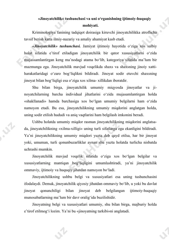 n jinoyat deb belgilangan ijtimoiy-huquqiy munosabatlarning ma’lum bir davr oralig‘ida buzilishidir. jinoyatning belgi va xususiyatlari umumiy, shu bilan birga, majburiy holda e’tirof etilmog‘i lozim. ya’ni bu «jinoyatning tarkibi»ni anglatadi. «jinoyatchilik» tushunchasi o‘z ichiga nafaqat umumiy ma’nodagi jinoyatlarni, balki keng ma’noda guruhiy jihatdan o‘zaro mansub bo‘lgan jinoyatlarni ham o‘z ichiga oladi. shuning uchun ham bu holatda jinoyatchilikka xos bo‘lgan umumiy (umumiy jihati), maxsus (guruhiy mansubligi) va alohida (jinoyatni) olingan tushunchalarni e’tiborga olish lozim. shu bilan birga, jinoyatchilikning turlari va elementlari ham alohida ahamiyat kasb etadi. jinoyatchilik turlari. jinoyatchilikning o‘z xususiyatlariga ko‘ra quyidagi ikki turga bo‘linishi hozirgi kunda kriminologiya fani tomonidan e’tirof etilgan. bular birinchi bor jinoyat sodir etish (birinchi bor sodir etilgan jinoyatning turlari) va qayta yoki retsidiv jinoyatlar (retsidiv jinoyatlarning turlari)dan iboratdir. jinoyatchilikning bu ikki turi, o‘z navbatida, ayollar va erkaklar tomonidan sodir etiladigan jinoyatchilik turlariga bo‘linadi. jinoyatchilikni shu tariqa tabaqalashtirish erkaklar va ayollar jinoyatchiligini yosh jihatdan ham ikki turga, …