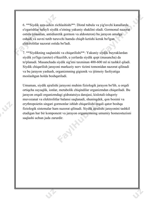 lan ta'minlash imkonini beradi. 9. **d vitamin sintezida ishtirok etish**: buyraklar d vitaminini faollashtiradi, bu esa kaltsiy va fosfatlarning organizmda so‘rilishini yaxshilaydi. bu yondashuv suyak sog‘lomligini ta'minlash uchun o‘ta muhimdir. bu funktsiyalar orqali buyraklar inson organizmini muvozanatda saqlashda g‘oyat muhim rol o‘ynaydi. shu sababli, buynganak kasalliklari va ularning normal ishlashidagi buzilishlar inson salomatligi uchun jiddiy xavf tug‘dirishi mumkin, va ularni profilaktik ko‘rikdan o‘tkazish muhim hisoblanadi. 3. siydik miqdorini boshqarish siydik miqdorini boshqarish haqida ma'lumot berishda urinib ko'raman. siydik miqdorini boshqarishga turli omillar ta'sir ko'rsatadi. inson organizmi kun davomida o'rtacha 1,5-2 litr siydik chiqaradi. bu miqdor insonning yoshiga, jinsiga, hayoti tarziga va suyuqlik iste'moli darajasiga qarab o'zgarishi mumkin. sanoa'atchilar tomonidan belgilangan suyuqlik iste'mol qilish miqdori kuniga kamida 2-3 litrni tashkil qiladi. bunda faqat suv emas, balki turli ichimliklar va oziq-ovqat mahsulotlari tarkibidagi suyuqlik ham hisobga olinadi. namunalar ko'rsatishicha, odamning 70% suyuqligini suvdan, qolgan 30% esa oziq-ovqat va ichimliklardan olishi mumkin. siydikning …