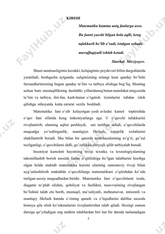 iga qo’yiladigan eng muhim talablardan biri har bir darsda tanlanadigan mavzuning ilmiy asoslangan bo’lishidir, ya’ni darsdan ko’zlangan maqsad hamda o’quvchilar imkoniyatini hisobga olgan holda mavzu xajmini belgilash uning murakkabligini aniqlash, avvalgi o’rganilgan mavzu bilan bog’lash, o’quvchilarga beriladigan topshiriq va mustaqil ishlarning ketma-ketligini aniqlash, darsda kerak bo’ladigan jihozlarni belgilash va qo’shimcha ko’rgazmali qurollar bilan boyitish, qo’shimcha axborot texnologiyalardan foydalangan holda muammoli vaziyatni yaratishdir. dars davomida o’qituvchi o’quvchilarning jismoniy holatini, ijodkorligini, tez fikrlashlarini hisobga olishi kerak. maktabda matematika fanini o’qitish jarayonida ilg’or pedagogik texnologiyalardan foydalanisho’qitish samaradorligini oshirishning omillaridan biri sifatida yaqqol ko’zga ko’rinmoqda. chunki o’qitishning ilg’or, nostandart (interfaol) shakllari-ta’lim-tarbiya masalalarini unumli yechishga, o’quvchilarning bilish faoliyatini kuchaytirishga qaratilgan o’quv mashg’ulotlarini takomillashtirish yo’llaridan biri. yoshlarda matematika faniga qiziqishni kuchaytirish, iqtidorli bolalarni seleksiya qilib, ixtisoslashtirilgan maktablar va keyinchalik oliy ta’lim muassasalariga qamrab olish ishlarini to’g’ri tashkil qilish kerakligi ta’kidlandi. bolalar uchun mazkur fandan oddiy va tushunarli tilde yozilgan ommabop darslik va o’quv qo’llanmalari yaratish, matematik …