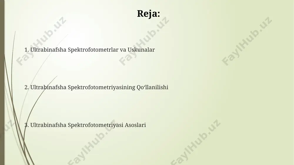 inmas spektr qismiga to'g'ri keladi va yuqori energiyali fotonlarga ega. analitik to'lqin uzunligini tanlash tahlil qilinayotgan moddaning spektrining boshqa komponentlaridan ajralib turishini ta'minlash uchun, λmax yaqinidagi, lekin spektral chiziqlarning minimal o'zaro ta'sirini ta'minlaydigan to'lqin uzunligini tanlash maqsadga muvofiqdir. masalan, λmax dan 2-5 nm farq qilishi mumkin. agar bir nechta komponentlar mavjud bo'lsa, ularning spektrlarining o'zaro ta'sirini hisobga olgan holda, har bir komponent uchun individual analitik to'lqin uzunligini, masalan, 250 nm va 320 nm kabi, tanlash kerak bo'ladi. analitik to'lqin uzunligini tanlashda moddaning maksimal yutilishini ko'rsatuvchi λmax qiymatini aniqlash muhim, bu odatda 200-400 nm oralig'ida bo'ladi va yuqori sezgirlikni ta'minlaydi. miqdoriy tahlil usullari uv spektrofotometriyasi yordamida 0,1 dan 1 mg/ml gacha bo'lgan konsentratsiyadagi moddalarning miqdorini aniqlashda yuqori aniqlikka erishish mumkin, bu uni miqdoriy tahlil uchun juda mos keladi. lambert-bering qonuni (a = εbc) miqdoriy tahlil hisob-kitoblarida qo'llaniladi, bu yerda a – absorbsiya, ε – molyar yutilish koeffitsienti, b – kyuvetaning uzunligi …