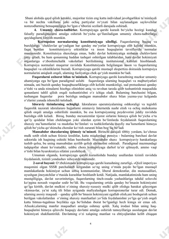 isollar ham bor. masalan, estoniya, singapur, gonkong, portugaliya, shvesiya shunday davlatlar qatoriga kiradi. bu esa, o‘z navbatida korrupsiyaga qarshi kurash bo‘yicha muayyan falsafiy paradigmalarga asoslangan usullarining mavjudligini ko‘rsatadi. mantiqan falsafiy paradigmalar nuqtai nazaridan qaralsa, agar davlat bo‘lmasa, korrupsiya ham bo‘lmaydi. davlatning ko‘plab funksiyalari borki, ularni fuqarolar bajarishga majburdirlar. shu sababli ularni yo‘q qilish mumkin emas. masalan, barcha soliqlarni bekor qilish orqali soliq idoralarida korrupsiyaga qarshi kurashish mumkin emas. shunga qaramay, korrupsiya keng tarqalgan muhitda, korrupsiya girdobiga botgan davlat organlarini tarqatib yuborish, undan qutulishning eng samarali radikal usullaridan biri bo‘lib tuyuladi. biroq, barcha amaldorlar ochko‘z, poraxo‘r bo‘lmasligi ham mumkin. buni ham hisobga olishga to‘g‘ri keladi. hozirgi kunda korrupsiyani kamaytirish borasida uchta falsafiy paradigmal yondashuv borligi ko‘zga tashlanadi. birinchisi, korrupsiyaga aloqador bo‘lganlarni qilmishiga yarasha jinoiy javobgarlikka tortish uchun yangi qonunlar qabul qilish va ularning ijrosini kat’iy tarzda amalga oshirishni ta’minlash. ikkinchisi, amaldorlarning korrupsiya batqog‘iga botib ketmasligi uchun qoida va qonunlarni buzmasdan turib, …
