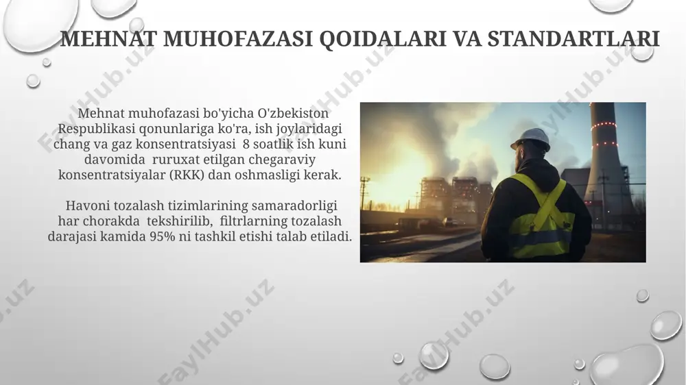 vositalari, masalan, gaz analizatorlari va chang o'lchagichlar yordamida 10 dan ortiq nuqtada o'lchovlar o'tkazish orqali chang va gaz chiqindilarining miqdori va tarkibi aniqlanadi. korxonaning texnik hujjatlari, jumladan, texnologik sxemalar va uskunalar pasportlari, potentsial chang va gaz manbalarini aniqlash uchun muhim ma'lumotlarni, jumladan, 3 turdagi asbob-uskunaning chiqindilarini o'z ichiga oladi. e'tiboringiz uchun rahmat @taqdimot_robot image3.png image4.jpg image5.jpg image6.jpg image7.jpg image8.jpg image9.jpg image10.jpg image11.jpg image12.jpg image1.png