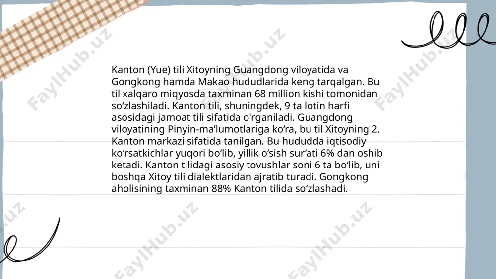 rim qulay tovushlar va talaffuz o'zgarishlari mavjud. bugungi kunda bu sheva ko'plab kino va televizion programmalar, davlat axboroti va ta'lim materiallarida keng qo'llaniladi. ... t.me/slaydai_bot sichuan shevasi, xitoyning janubi-g'arbida joylashgan sichuan viloyatining asosiy tili bo'lib, mandarin tilining turli lahjasidir. xitoyda sichuan shevasida taxminan 120 million kishi so'zlashadi. ushbu sheva an'anaviy xitoy yozuvida yoziladi, ammo talaffuz va lahja nuqtai nazaridan boshqa mandarin lahjalaridan farq qilishi mumkin. sichuan shevasining eng yaqin o'xshashlari chongqing va yunnan shevalari hisoblanadi. ushbu hududning madaniyati va taomlari ham tilga bog'liq ravishda boy va xilma-xildir. yaqinda sichuan shevasining film va madaniy asarlarda ko'rinish olishi uning ommaviyligini oshirmoqda. shu orqali yangi avlod sichuan shevasiga qiziqish bilan yondashmoqda. ... t.me/slaydai_bot 10. shandong shevasi (mandarin ichida) shandong shevasi (mandarin ichida) xitoyning shandong viloyatida yetishtiriladigan mashhur meva. ushbu mandarinlar o'zining shirinligi va suvli mazasi bilan tanilgan. shandong shevasi ko'pincha oxirgi bahorda va yoz boshida yig'ib olinadi. xitoyda sitrus yetishtirish bo'yicha shandong viloyati …