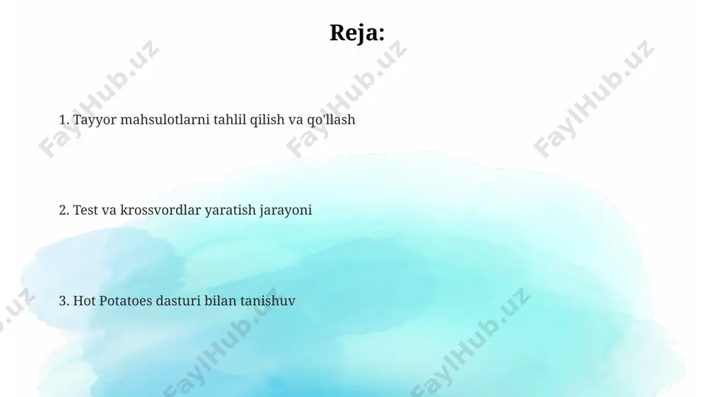 s dasturida test yaratishning birinchi qadami sifatida, 6 ta turli test turidan birini – masalan, “jumbled sentences” yoki “matching”ni tanlash va kerakli savollar sonini (kamida 5 ta) belgilash muhimdir. test savollaringizni tayyorlashda, har bir savolga to'g'ri javobni va 2-3 ta noto'g'ri javob variantlarini (distraktorlar) qo'shishingiz kerak. bu testning samaradorligini oshiradi. dasturning "quiz" yoki "crossword" qismlarida ishlashda, grafik elementlar va multimedia fayllarni (rasmlar, audio) qo'shish orqali testning jozibadorligini va tushunarliligini oshirishingiz mumkin. yakuniy fikrlar yakuniy natijalarni eksport qilish imkoniyati mavjud, bu natijalarni tahlil qilish va o'quv jarayonini yaxshilash uchun foydalanish mumkin; csv yoki boshqa formatlar qo'llab-quvvatlanadi. hot potatoes dasturi yordamida 6 xil test turi (masalan, to'ldirish, to'g'ri/noto'g'ri, moslashtirish) yaratish mumkin, bu esa o'quvchilarga turli xil ko'nikmalarni tekshirish imkonini beradi. crosswordlarni yaratishda 20 dan ortiq so'z va 100 dan ortiq katakdan foydalanish mumkin, bu esa murakkab va qiziqarli topshiriqlar yaratish imkonini beradi. xatolarni tuzatish xatolarni aniqlash uchun jquiz, jcloze kabi hot potatoes …