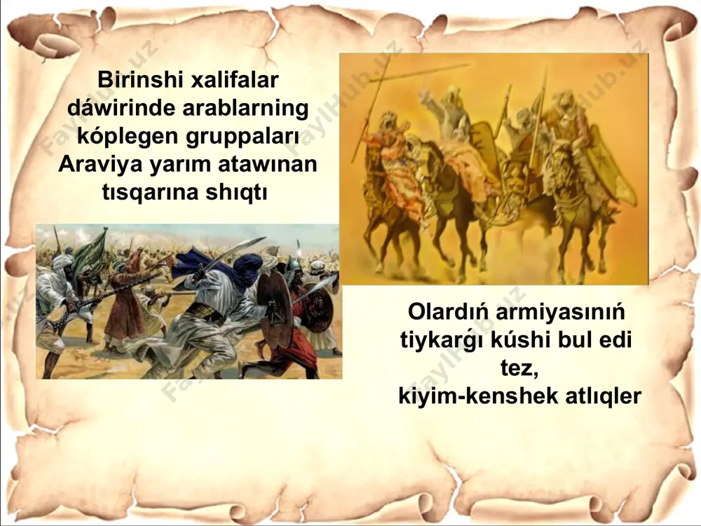 alǵan bólegi bolsa askarlarga bolıp berilardi. arablar basıp alınǵan jerlerde ózlerin jergilikli xalıq wákillerinen ústin tutar edi. orta aziyanı basıp alǵan arablar bul jerde ózlerine qaraǵanda talay joqarı dárejede turǵan materiallıq hám ruwxıy mádeniyatqa, joqarı turmıs dárejesine dus keldiler. sol sebepten olar sońıında bul jerdegi xalıqlardıń aldıńǵı mádeniyatın, úrp-ádetleri, dástúrlerineni qabıl etip, sińip ketkendi. orta aziyanıń salawat, erksevar xalqi uzaq waqıt dawamında arab shabıwılchilarining zo'rovonligi, zulmi hám tásirine qarsı gúres alıp bardi. 720 -721 jıllarda sug'dda úlken kóterilis kóterildi, oǵan jetisuvdagi kóshpelinchi qáwimler de járdemge keldi. paydalanılǵan ádebiyatlar 1.sh.m.mirziyoyev- erkin va farovon demokratik o’zbekiston davlatini birgalikda barpo etamiz 2. sh.m. mirziyoyev- yangi o‘zbekistonda erkin va farovon yashaylik! 3. karimov i.tarixiy xotirasiz kelajak yo`q.t.,1998. 4. kabirov j., sagdullayev a. o’rta osiyo arxeologiyasi. - t., 1990. 5.artsixovskiy a.v. arxeologiya asoslari. - t., 1970. 6. arxeologlar hikoya qiladi. asqarov a. tahriri ostida. –t., 1970 7. ilhom rahmatov, “xalq soʻzi” muxbiri. – t. 2019 …
