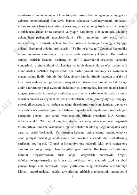 koʻp jihatdan bogʻliqdir. oʻquv-tarbiya ishlari jarayonida oʻquvchilarni ijodiy fikrlashga, oʻzgaruvchan vaziyatlarga oʻrgatish, erkin raqobat asosida faoliyatni tashkil etish hamda ularning amaliy mashgʻulotlarda pedagogik texnologiyalar, axborot tyexnologiyalari, elektron darsliklar, versiyalar va multimedialardan foydalana olishi muhimdir. bu esa oʻquvchilarda mutsaqillik, erkin fikrlashni tarbiyalash, oʻquv faoliyatini tahlil qilish, itsiqbolda kasbiy mahorat va kompyutyer savodxonligini orttirish ularning ichki ehtiyojiga aylantirilishini talab etadi. davlat taʻlim standarti talabiga binoan bilimlarni mustaqil ravishda izlanib oʻrganish vazifasi hozirgi kunda eng dolzarb muаmmolardan biridir. shu sababli fanlarning nazariy asoslarini amaliy koʻnikma darajasida oʻzlashtiri boʻlishda mustaqil taʻlimning roli beqiyosdir. oʻquvchilarga mustaqil taʻlimni bajarish yuzasidan fan oʻqituvchilari tomonidan metodik tavsiyalar beriladi. fanning xususiyatidan kelib chiqib mustaqil taʻlim turlari – rang-barang va turli electron koʻrinishlari – fan oʻqituvchisi tomonidan ishlab chiqiladi. oʻquvchilar sinf xonalarida oʻqituvchilarning maʻruzasini tinglaydilar. sinfxonasidan tashqarida oʻquvchi darslarga tayyorlanadi, adabiyotlarni konspektqiladi, uy vazifasi sifatida berilgan topshiriqlarni bajaradi. bundan tashqari ayrim mavzularni kengroq oʻrganish maqsadida qoʻshimcha adabiyotlarni oʻqib referatlar tayyorlaydi …