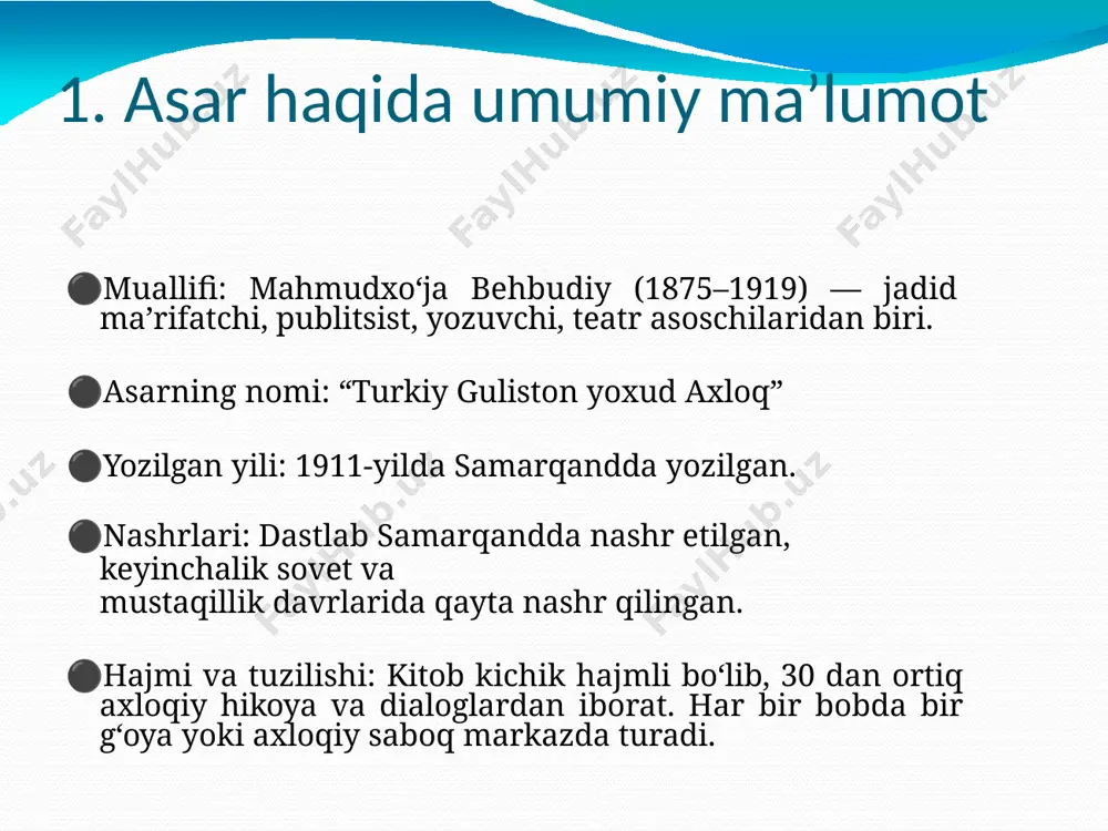 il obrazlar orqali jamiyatdagi muammolar ko‘tariladi: jaholatdagi insonlar, ilmli va axloqli kishilar, adolatli va adolatsizlar. hikoyalar odatda ibratli yakun bilan tugaydi. belgilangan qahramonlar — xalq orasidagi oddiy insonlar, o‘quvchilar, ustozlar, amaldorlar. asarning asosiy mazmuni asosiy g‘oya: yosh avlodni axloqiy tarbiyalash, islohot va ma’rifatga chorlash. bilimsizlik va jaholat tanqid qilinadi, ilm va axloq targ‘ib etiladi. har bir hikoya jamiyatdagi axloqsizlikning oqibatlarini ko‘rsatadi va yechim sifatida ma’rifatni ilgari suradi. xulosa “turkiy guliston yoxud axloq” — nafaqat adabiy asar, balki falsafiy, axloqiy va pedagogik qo‘llanma. behbudiy o‘z davrining ilg‘or islohotchisi sifatida xalqni uyg‘otishga uringan. asar bugungi kun uchun ham o‘z ahamiyatini yo‘qotmagan. tavsiyalar asarni maktab va kollej darsliklariga kengroq kiritish. teatr sahnalarida hikoyalardan dramatik chiqishlar sahnalashtirish. asarni multimedia vositalari orqali targ‘ib qilish (video, audio kitoblar, podkastlar). yoshlar bilan axloqiy muloqotlarda asardan namunalar keltirish. image4.png image2.png image3.png image1.png