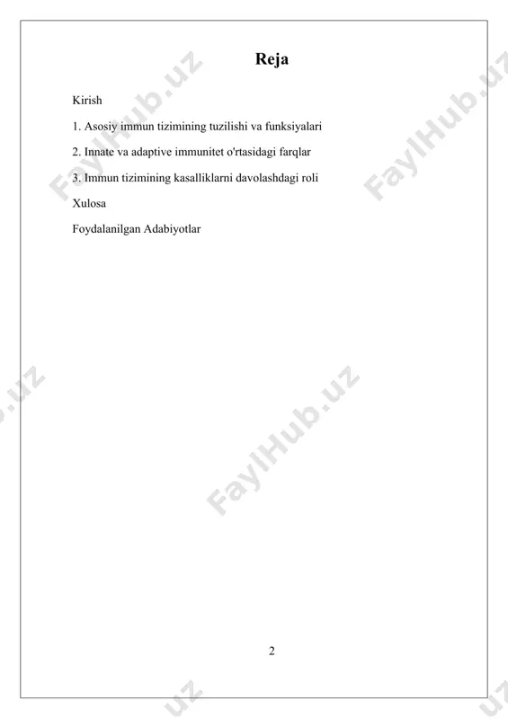 tikorlar, limfotsitlar, makrofaglar va sitokinlar mavjud bo‘lib, ular immun javobning har bir bosqichida muhim rol o‘ynaydi. immun tizimining ishlashini tushunish nafaqat sog‘liqni saqlash uchun, balki kasalliklarni davolash va oldini olishda ham muhimdir. bu soha immunizatsiya, immunoterapiya va autoimmun kasalliklar, allergiyalar va xronik kasalliklarni davolashda yangi imkoniyatlar yaratmoqda. zamonaviy tadqiqotlar immun tizimining hujayralar va molekulyar darajadagi mexanizmlarini o‘rganishga qaratilgan bo‘lib, immunogenetika va shaxsiy immunoterapiya kabi yangi yo‘nalishlar rivojlanmoqda. hozirgi vaqtda, immun tizimining mikrobiom bilan o‘zaro ta’siri va shaxsiylashtirilgan davolash usullari ustida ish olib borilmoqda, bu esa sog‘liqni saqlash sohasida inqilobiy yutuqlarga olib kelishi mumkin. shuningdek, immun tizimining muhimligini anglash va uni rivojlantirishda mavjud muammolar ham e’tiborga olinmoqda. patogenlarning immun evaziv mexanizmlari, immun javoblarning individual o‘zgaruvchanligi va salbiy ta’sirlarni boshqarish kabi muammolar hozirgi kunda ilmiy muhokamalar markazida turibdi. bu sohada eng katta muammo — immunitetning ortiqcha yoki kam faoliyat ko‘rsatishi, ya’ni autoimmun kasalliklar va immun yetishmovchiligi holatlaridir. shu bilan birga, vaksinalar va …