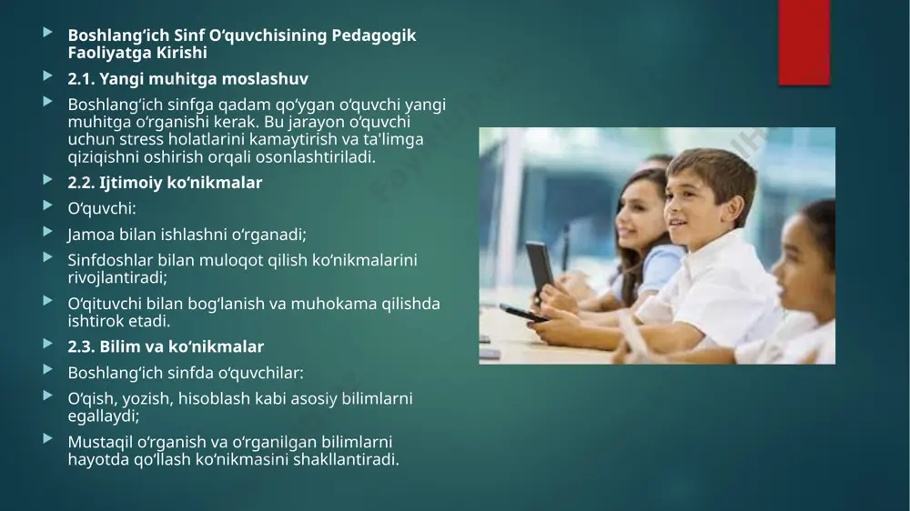 monaviy ta’lim jarayonida innovatsion texnologiyalar muhim ahamiyat kasb etadi. boshlang‘ich sinf o‘qituvchilari zamonaviy axborot texnologiyalaridan foydalanib, o‘quvchilarning ta’lim olish jarayonini yanada qiziqarli va samarali qilishlari mumkin. xulosa boshlang‘ich sinf o‘qituvchisining pedagogik faoliyatga kirishi murakkab, ammo muhim jarayondir. ushbu jarayon davomida o‘qituvchi o‘z kasbiy malakalarini rivojlantirishi, o‘quvchilarning qobiliyatlarini aniqlashi va ularga yo‘naltirilgan ta’lim jarayonini tashkil qilishi zarur. shuningdek, o‘qituvchi pedagogik etikaga amal qilishi va o‘z kasbiga mas’uliyat bilan yondashishi kerak. boshlang‘ich sinf o‘qituvchisining faoliyati faqat bilim berishdan iborat bo‘lmay, balki yosh avlodning barkamol shaxs sifatida shakllanishiga xizmat qiladi. foydalaniladigan adabiyotlar ro`yxati 1. mirziyoyev sh.m. tanqidiy tahlil, qatʼiy tartib-intizom va shaxsiy javobgarlik – har bir rahbar faoliyatining kundalik qoidasi boʻlishi kerak. oʻzbekiston respublikasi vazirlar mahkamasining 2016-yil yakunlari va 2017-yil istiqbollariga bagʻishlangan majlisidagi oʻzbekiston respublikasi prezidenti nutqi. // xalq soʻzi gazetasi, 2017.16-yanvar, №11 2. oʻzbekiston respublikasining konstitutsiyasi t.: -oʻzbeksiton 2012y. o‘zbekiston respublikasining «ta’lim to‘g‘risida»gi qonuni. , -t.:o‘zbekiston. 2020 y 3. maktabgacha taʼlim konsepsiyasi …