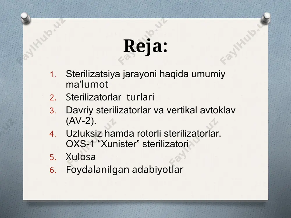hlar quyidagicha sterilizatsiya qilinadi. avtoklav ichiga suv qo‘yiladi va mahsulot haroratidan 10-20c ortiq isitiladi. keyin ichiga to‘ldirilgan korzinalar yuklanadi. avtoklavdagi suv bankalarni qoplab turishi kerak. avtoklav yopiladi va suvning harorati asta-sekin oshiriladi (3-4 c/daqiqa). shu bilan birga suv yoki siqilgan havo yordamida ortiqcha bosim hosil qilinadi. sterilizatsiya tamom bo‘lganda sovitish jarayoni boshlanadi, bug‘ning kirishi to‘xtatiladi. pastdan kran orqali issiq suv oqiziladi, yuqoridan barbotyor orqali sovuq suv yuboriladi (sovuq suv bankalarga tegmasligi kerak). mahsulot 2-3c/daqiqa tezlikda sovitiladi. suvning harorati 35 5c. davriy sterilizatorlar va vertikal avtoklav (av-2). vertikal avtoklavlar 2 va 4 to‘rli bo‘ladi. ular bir-biridan faqat bo‘yi bilan farqlanadi. av-2 rusumli vertikal avtoklavning 1-korpusi pt.3 (stal) markali po‘latdan tayyorlangan 3 qopqoqni korpus bilan zichlab yopilishini 8-chi uzukka o‘rnatilgan 7 prokladka ta’minlaydi. avtoklavning ichki 10 qismida 9 bug‘ uzatish barbotyori joylashgan. qurilmaning tayanch uzugida 5 po‘latdan tayyorlangan teshik setkalar joylashtirilgan. avtoklavning silindr qismiga 6 termometr (150 c gacha) va monometr (0,6 …