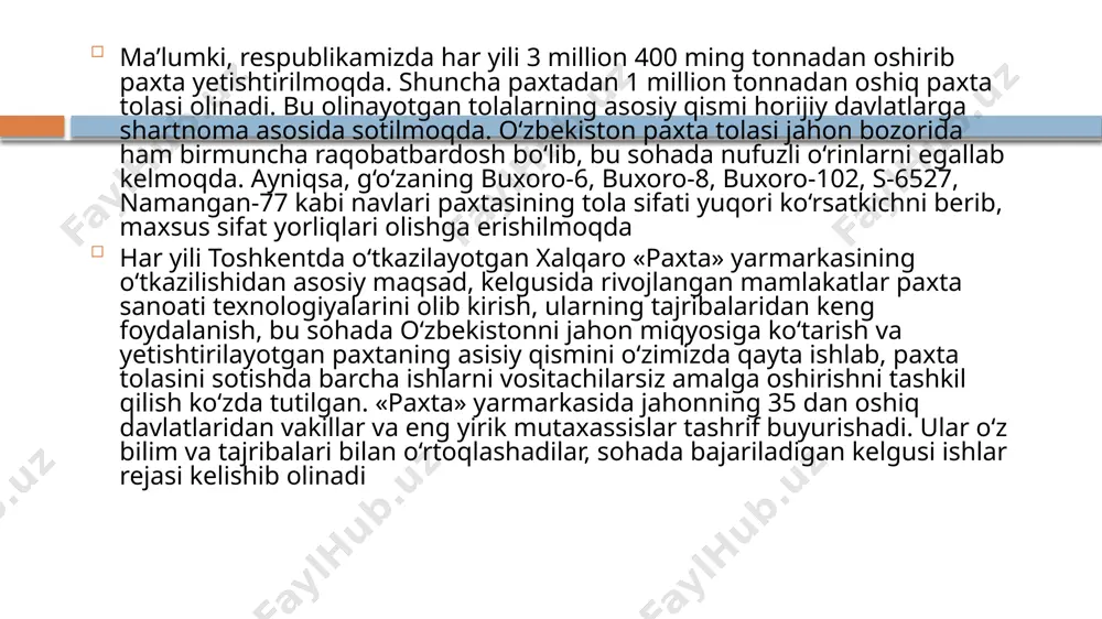 iymati pasayadi, va uning sifati yomonlashadi, yigirish va to‘qish jarayonlarida ko‘proq uziladi, natijada mashinalarning ish unumi pasayadi. paxtadagi asosiy xas – cho‘plar va nuqsonlar quyidagilar iflosliklar – maydalangan barglar, chanoqlar, g‘o‘za shoxlari va h.k. bular tolalarga yopishgan holda bo‘lib, ularni yo‘qotish ancha qiyin hisoblanadi tolali o‘lik – paxta tozalashda paydo bo‘lgan uzuq tolalar, maydalangan xas-cho‘plar va yetilib pishmagan, tolalari turlicha paxmaygan chigitlardan iborat aralashma. kasallangan va zararlangan tolalar - g‘o‘za o‘simligi kasallangan bo‘lsa (biologik nuqson) va paxtani paxta zavodida hamda ip yigiruv fabrikalarida ishlashda (mexanikaviy nuqson) hosil bo‘lishi mumkin. maydalangan chigit (chigit bo‘lakchalari – paxtani dastlabki ishlashda hosil bo‘ladi. ular yanada maydalanib, tolalar yopishgan po‘stchalarga aylanishi mumkin. bunday nuqson yigiruv fabrikalari uchun eng zararli nuqson bo‘lib, yigirilgan ipda ham uchrashi mumkin tolalar yopishgan po‘stchalar - zararli nuqsonlardan hisoblanib, paxtani dastlabki ishlashda chigitlarning maydalanishi natijasida, titish va savash mashinalarida hosil bo‘ladi. bular tolaga mahkam yopishib oladi va ularni ajratish ancha qiyin. …