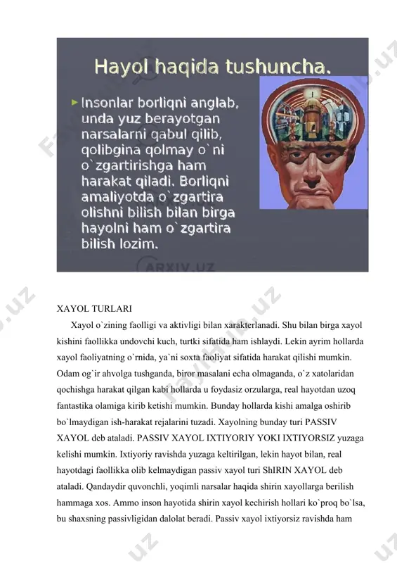 hammaga xos. ammo inson hayotida shirin xayol kechirish hollari ko`proq bo`lsa, bu shaxsning passivligidan dalolat beradi. passiv xayol ixtiyorsiz ravishda ham yuzaga kelishi mumkin. xayolning bu turi asosan ong faoliyatining, ikkinchi signallar tizimining susayishida, odamning vaqtinchalik harakatsizlik holatida, uyqisirash holatida, affekt holatida, uyqida (tush ko`rish), ongning kasallikka uchrab buzilishida (gallyutsinatsiyada) va shu kabilarda sodir bo`ladi. passiv xayolning aksi bo`lgan aktiv xayol ijodiy va qayta tiklovchi xayol turlariga bo`linadi. ma`lum bir asosga, yozuvlarga, chizmalarga asoslanib ularga muvofiq keladigan obrazlar tizimini yaratuvchi xayol qayta tiklovchi xayol deyiladi. ijodiy xayol qayta tiklovchi xayoldan farq qilgan holda, orginal va qimmatli moddiy mahsulotlarda amalga oshiriladigan yangi obrazlarni yaratish. ijodiy xayol barcha turdagi texnik, badiiy va boshqa ijodiyotning ajralmas qismini tashkil qiladi. xayol jarayonlari xayol (fantaziya) obrazlari qanday yaratiladi? xayol jarayonlari ham idrok, xotira, tafakkur kabi analitik va sintetik xarakterga ega. analiz idrok va xotiradek ob`ektning ayrim umumiy belgilarini ajratish va saqlash hamda muhim bo`lmagan belgilardan …