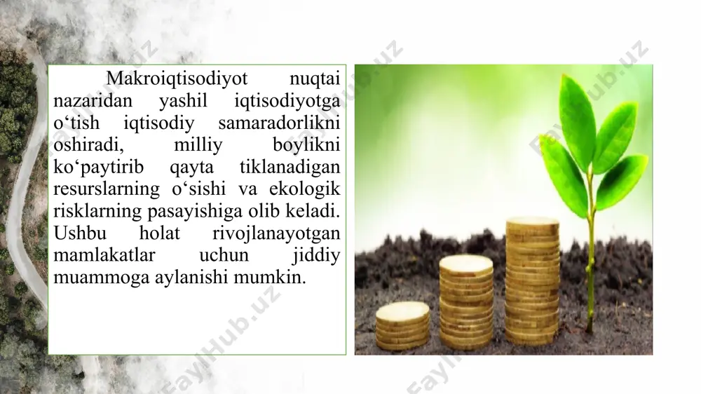 ini amalga oshirmoqda. davlat eski hududlarda yer narxini oshirish va ekologik talablarni yanada kuchaytirish orqali ishlab chiqarish korxonalarini yangi sanoat hududlariga olib o‘tishni rag‘batlantirmoqda. uchinchidan, xitoyda barqaror rivojlanishni ta’minlashda ijtimoiy (kambag‘allikka qarshi kurash, urbanizatsiya darajasining o‘sishi) komponent yaqqol ko‘zga tashlanadi. ushbu yo‘nalishda tug‘ilish va shaharlarga migratsiyani cheklash, sanoatni qishloqlarga olib kirish, tabiatni qo‘riqlash bo‘yicha jamoat ishlarini joriy etish (ommaviy tarzda o‘rmonzorlar barpo etish) kabi islohotlar amalga oshirildi. xitoy jahonda atmosferaga issiqxona gazlarini chiqarish bo‘yicha yetakchi mamlakat hisoblanadi. 1990-2019 yillarda xitoyning jahondagi issiqxona gazlari emissiyasidagi ulushi 10,9%dan 28,8%ga qadar, co2 miqdori esa 4,3 martaga oshdi. xitoy amaliyotida “yashil iqtisodiyot”ni rag‘batlantirish va tartibga solishning quyidagi usullaridan foydalaniladi: issiqxona gazlari savdosining milliy tizimi. “yashil moliyalashtirish” mexanizmi. xalqaro va milliy standartlar tizimi. hozirgi vaqtda xitoyda mamlakatni ijtimoiy-iqtisodiy rivojlantirishning 2021-2025 yillarga mo‘ljallangan besh yillik rejalari muhokama qilinmoqda. ushbu rejalarda iqtisodiyot tarmoqlarini “yashillashtirish” masalalari muhim o‘rin egallaydi. mutaxassislar fikricha, xitoy “ekologik sivilizatsiya”ni qurishni boshladi va mamlakatda …