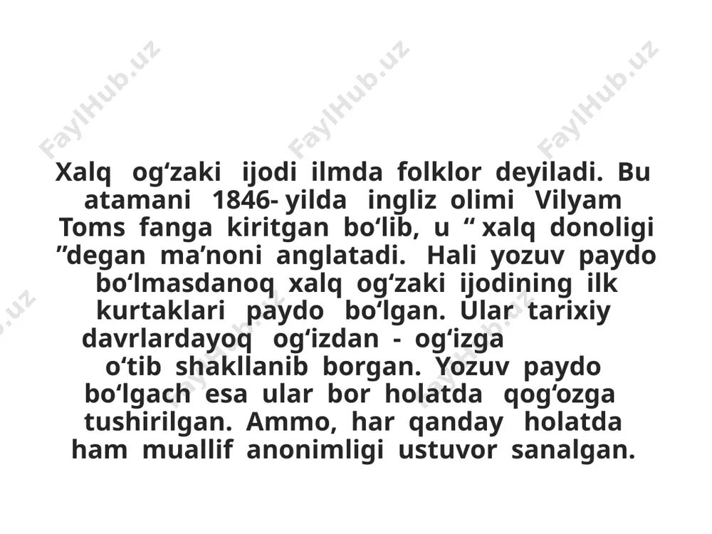 li qo`shiqlar, laparlar, og`zaki drama namunalarini yozib oldilar. shuningdek, bekjon rahmonov tomonidan xorazmdan to`plangan besh yuz oltmish to`rt maqol va matallarni o`z ichiga olgan, «o`zbekcha otalar so`zi» to`plami 1923 yilda nashr etildi. o`zbek folklorshunosligining shakllanish davriga xos xarakterli xususiyatlardan yana biri folklor matnshunosligining ishlanishiga e`tibor berilishidir. xalq ijodini to`plash, o`rganish bilan bir qatorda uni nashr etish, xalqqa qayta takdim qilish ham zarur. bunda g`ozi olimning ergash jumanbulbuldan yozib olgan «alla» termasini, hodi zarifning fozil yo`ldosh o`g`lidan yozib olgan «toshkent» va po`lkan aytgan «shayboniyxon» dostonini namuna qilib ko`rsatish mumkin. 1956 yil 20-25 sentyabrda toshkentda «alpomish» eposi muhokamasiga bag`ishlangan hududiy kengash bo`lib o`tdi. kengashda «alpomish» dostonining g`oyaviy mazmuni, xalqchilligi borasida qimmatli fikrlar bayon etildi. bu ulkan eposning qozoq, qoraqalpoq, tatar, boshqird, oltoy, tojik tarmoqlari haqida jiddiy muhokamalar yuritildi. «alpomish» dostoni zararli emas, aksincha xalq uchun juda zarur, foydali asar ekanligi isbotlandi. image1.jpeg image2.jpeg image3.jpeg image4.jpeg image5.jpeg image6.jpeg image7.jpeg /docprops/thumbnail.jpeg
