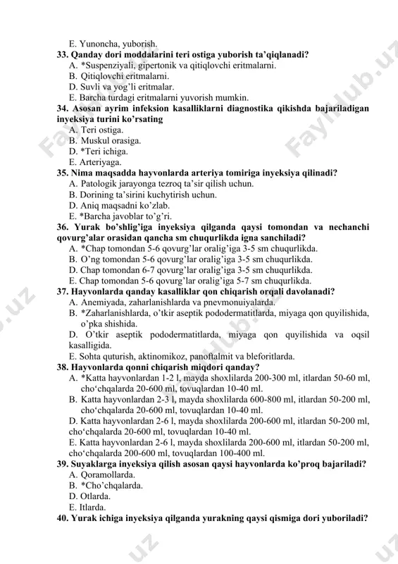 katta hayvonlardan 2-6 l, mayda shoxlilarda 200-600 ml, itlardan 50-200 ml, choʻchqalarda 200-600 ml, tovuqlardan 100-400 ml. 39. suyaklarga inyeksiya qilish asosan qaysi hayvonlarda ko’proq bajariladi? a. qoramollarda. b. *cho’chqalarda. d. otlarda. e. itlarda. 40. yurak ichiga inyeksiya qilganda yurakning qaysi qismiga dori yuboriladi? a. o’ng qorinchaga. b. chap bo’lmachaga. d. *chap qorinchaga. e. o’ng bo’lmachaga. 41. otlarda narkozdan oldin premedikatsiya maqsadida qanday eritma yuboriladi? a. *1 % li atropin sulfat eritmasi. b. 0,1 % li atropin sulfat eritmasi. d. 2,5 % li aminazin. e. 2 % li ketamine. 42. otlarda sedatsiya chaqirish maqsadida qanday sedative modda qo’llanadi? a. ketamin preparati. b. *sedivet preparati. d. rometar preparati. e. xloralgidrat preparati. 43. otlarga spazm va turli xildagi og’riqli jarayonlarda hamda jarrohlik operatsiyalarida 5 ml 100 kg hisobida qon tomir orqali qanday modda yuboriladi? a. *butorfonol eritmasi. b. xloralgidrat preparati. d. sedivet preparati. e. 2,5 % li aminazin. 44. xloralgidratning otlar uchun …