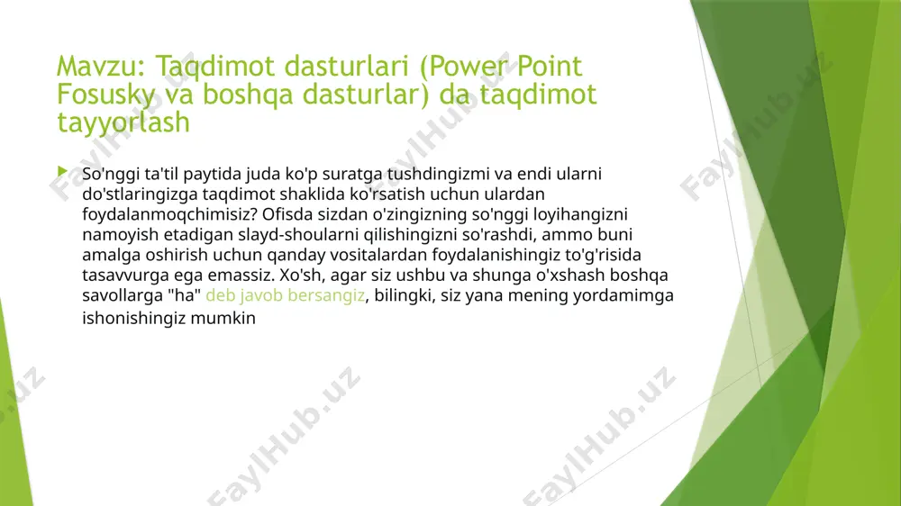 o'ladi. windows, macos va linux uchun taqdimot dasturlari microsoft office powerpoint microsoft office powerpoint bu hech qanday tanishtirishga muhtoj bo'lmagan mahsulotlardan biridir. bu shunchaki kompyuter uchun mavjud bo'lgan eng yaxshi taqdimot dasturi (shuningdek) mac) buning natijasida hatto yangi boshlagan foydalanuvchilar ham professional uslubdagi taqdimotlar va slaydlar yaratishi mumkin. yuklab olish mumkin bo'lgan tonna shablonlarni o'z ichiga oladi internet va u har qanday did uchun animatsiyalar / maxsus effektlarga to'la. dastur professional foydalanish uchun va biroz ko'proq, masalan, uy sharoitida ishlab chiqilgan, ammo har ikkala holatda ham ajoyib natijalarga erishishga imkon beradi. powerpoint windows va macos versiyalarida mavjud. dastur ofis to'plamining bir qismidir. microsoft officepullik va oyiga 7.00 evro yoki 119.00 evrolik asosiy narxga ega (tanlangan office to'plami turiga bog'liq), ammo cheklangan muddat davomida barcha funktsiyalarini sinab ko'rishga imkon beruvchi bepul sinov versiyasida mavjud. microsoft do'konida microsoft office-ni sotib olish uchun shu erni bosing., dasturning bepul sinov versiyasini yuklab olish uchun …
