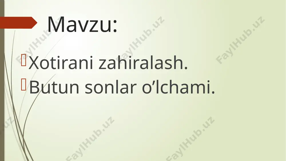 avtomatik boshqariladi. . 1. butun sonlar o'lchami butun sonlar uchun ajratilgan xotira hajmi odatda quyidagicha bo'ladi: 8 bit (1 bayt): -128 dan 127 gacha (imzoli), yoki 0 dan 255 gacha (imzosiz). 16 bit (2 bayt): -32,768 dan 32,767 gacha (imzoli), yoki 0 dan 65,535 gacha (imzosiz). 32 bit (4 bayt): -2,147,483,648 dan 2,147,483,647 gacha (imzoli), yoki 0 dan 4,294,967,295 gacha (imzosiz). 64 bit (8 bayt): juda katta diapazonni qamrab oladi (taxminan ±9 kvintillion). . 2. xotira sarfi butun son turini tanlashda dastur uchun ajratilgan xotira resurslaridan samarali foydalanish muhim. masalan: kichik turlar (masalan, int8, short) kichik diapazonda qiymatlar uchun ishlatiladi va xotirani tejaydi. katta turlar (masalan, int64, long) katta qiymatlarni saqlash uchun mo'ljallangan, lekin ko'proq xotira talab qiladi. . 3. dasturlash tillarida butun sonlar har bir dasturlash tili butun sonlarni saqlash uchun turli xil ma'lumot turlarini taqdim etadi: c/c++ c/c++ dasturlash tillarida o'lchamlar tizimga bog'liq, ammo odatda: char: 1 bayt …