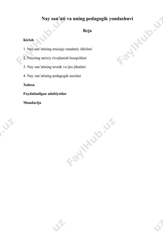 diapazoni keng, ovozi esa o‘ta nozik va ta’sirchan bo‘lib, u maqom ijrosida katta ahamiyatga ega. nay ijrochisi faqat texnik jihatlarni emas, balki badiiy ta’sirni, ma’naviy-ruhiy holatni ham yetkazishi kerak.nay chalishni o‘rganish katta sabr va maxsus metodikani talab qiladi. an’anaviy o‘rgatish usullari hamda zamonaviy pedagogik yondashuvlar birgalikda qo‘llanilishi san’atning rivojlanishi uchun muhim hisoblanadi. ishning dolzarbligi: bugungi kunda milliy musiqa san’atini rivojlantirish va uni yosh avlodga yetkazish masalasi dolzarb ahamiyat kasb etmoqda. xususan, nay san’atining pedagogik jihatdan o‘rganilishi va uni o‘rgatish metodikasini takomillashtirish zarurati ortib bormoqda. chunki xalq cholg‘ulari san’ati davomiyligini ta’minlash faqat sifatli ta’lim va ilmiy asoslangan pedagogik yondashuvlar bilan mumkin.shuningdek, zamonaviy ta’lim jarayonida nafaqat texnik mahorat, balki musiqa badiiyligi va ma’naviyati rivojlantirilishi lozim. bu esa o‘z navbatida pedagogik yondashuvlarning yangilanishini va ilg‘or metodlarni tatbiq etishni talab qiladi.ishning maqsadi va vazifalari: ushbu ishning asosiy maqsadi — o‘zbek musiqasi tarixi doirasida nay san’atining o‘ziga xos jihatlarini o‘rganish va uning pedagogik yondashuvlarini takomillashtirishdir. …