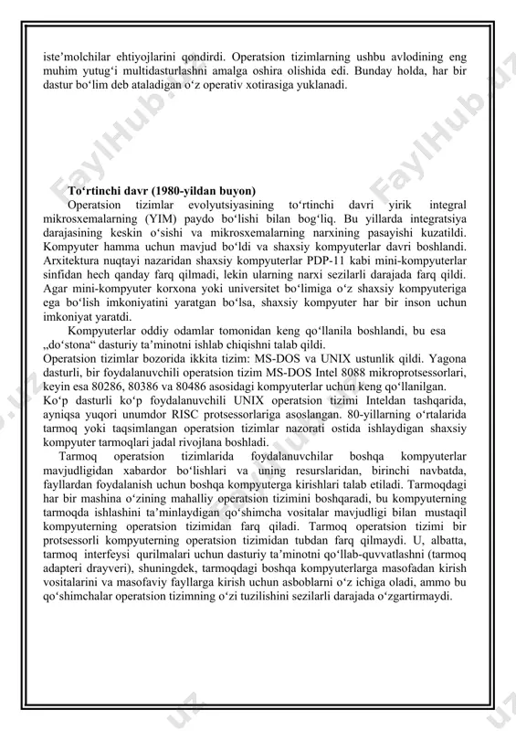 nchi avlod mashinalaridan narx/unumdorlik jihatidan sezilarli darajada ustun keldi. dasturiy taʼminot operatsion tizim muvofiqligini talab qildi. bunday operatsion tizimlar katta va kichik turli xil tashqi qurilmalarga ega katta va kichik hisoblash tizimlarida tijorat sohasida va ilmiy tadqiqot sohasida ishlashi kerak edi. ushbu qarama- qarshi talablarning barchasini qondirish niyatida tuzilgan operatsion tizimlar dizayn jihatidan juda murakkab ekanligini isbotladi. ular minglab dasturchilar tomonidan yozilgan koʻp millionlab montaj qatorlaridan iborat boʻlib, minglab xatolarni oʻz ichiga olgan, bu esa cheksiz tuzatish oqimiga sabab boʻlgan edi. operatsion tizimning har bir yangi versiyasida baʼzi xatolar tuzatildi va boshqa qoʻshimchalar kiritildi. oʻzining ulkan hajmi va koʻplab muammolariga qaramay, uchinchi avlod mashinalarida os/360 va shunga oʻxshash boshqa operatsion tizimlar koʻpchilik isteʼmolchilar ehtiyojlarini qondirdi. operatsion tizimlarning ushbu avlodining eng muhim yutugʻi multidasturlashni amalga oshira olishida edi. bunday holda, har bir dastur boʻlim deb ataladigan oʻz operativ xotirasiga yuklanadi. toʻrtinchi davr (1980-yildan buyon) operatsion tizimlar evolyutsiyasining toʻrtinchi davri yirik integral …