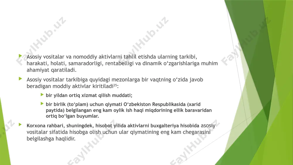 sh yoki tovarlarni sotish jarayonida foydalanish maqsadida yoxud ma’muriy va boshqa funksiyalarni amalga oshirish uchun uzoq muddat mobaynida tutib turiladigan, moddiy-ashyoviy mazmunga ega bo‘lmagan mol-mulk obyektlari amortizatsiya foydali xizmat muddati mobaynida nomoddiy aktivning amortizatsiyalanadigan qiymatini uning vazifasidan kelib chiqqan holda mahsulot (ishlar, xizmatlar) tannarxiga yoki davr xarajatlariga muntazam taqsimlash va kiritish amortizatsiyalanadigan qiymat taxmin qilinayotgan (baholangan) tugatish qiymatini chegirgan holda aktivning boshlang‘ich (tiklash) qiymati summasi foydali xizmat muddati korxona tomonidan aktivdan foydalanish ko‘zda tutilgan davr yoki korxona ushbu aktivdan foydalanishdan olishni mo‘ljallayotgan mahsulot (ishlar va xizmatlar) miqdori boshlang‘ich qiymati nomoddiy aktivlarni yaratish (ishlab chiqish) yoki sotib olish bo‘yicha haqiqatda amalga oshirilgan xarajatlar qiymati (pul mablag‘lari yoki ularning ekvivalentlarining summasi yoxud boshqa to‘lovlarning joriy qiymati), shu jumladan to‘langan va qoplanmaydigan soliqlar (yig‘imlar), shuningdek‚ aktivni undan maqsadga ko‘ra foydalanish uchun ishga yaroqli holatga keltirish bilan bevosita bog‘liq bo‘lgan boshqa xarajatlar qiymati tugatish qiymati nomoddiy aktivning chiqib ketishi bo‘yicha kutilayotgan xarajatlarni chegirgan holda …
