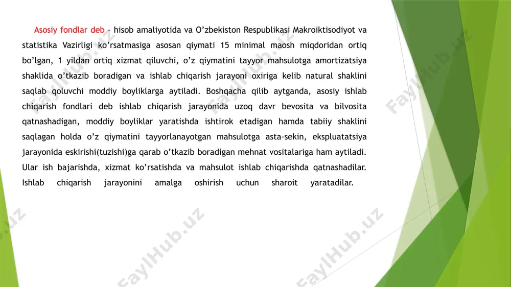 chiqarishda band bo’lgan xodimlar mehnatining samaradorligi; korxona asosiy ishlab chiqarish fondlaridan foydalanishni yaxshilashning asosiy yo’nalishlari sifatida quyidagilarni ko’rsatish mumkin: tashkiliy yo’nalishlar bo’yicha: • ishlab chiqarishni tashkil etishni va resurslar bilan ta’minlashni yaxshilash. • asosiy vositalarning faqat korxonaga ish beradigan qisminigina olish; • uskunalarning smenalik koeffitsientini oshirish; • bekor turuvchi uskunalarni qisqartirish va tugatish; texnik yo’nalishlar bo’yicha: • ta’mirlash va profilaktika tadbirlarini o’z vaqtida va sifatli ravishda amalga oshirish; • avtomatlashtirilgan tizimni yaratish; •mexanizatsiyalashni kuchaytirish va h.k. ekspluatatsion yo’nalishlar bo’yicha: •uskunalarni ekspluatatsiya qiluvchi xodimlarning malakasini oshirish; • ishlab chiqarish hajmiga qarab asosiy vositalarni texnik holat va harakatini boshqarish; • asosiy vositalar qarovi yuzasidan mashul shaxslarni ajratish; asosiy vositalar bo’yicha javobgarlik markazlarini belgilash va x.k. asosiy ishlab chiqarish fondlaridan foydalanishning turli xil ko’rsatkichlari mavjud bo’lib, ularni shartli ravishda ikki guruhga bo’lish mumkin. birinchi guruh - umumlashtiruvchi va qiymat ko’rsatkichlari bo’lib, ular asosiy fondlarning turli guruhlarini dinamika va statikada baholash, tahlil qilish, zahiralarni …