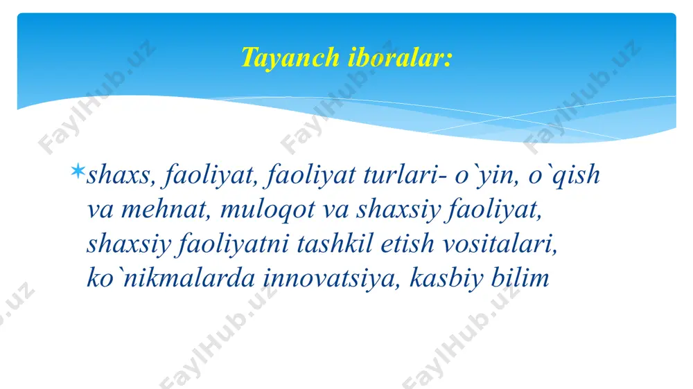 otivlari, faoliyatning maqsadlari, amalga oshirish yoʻllari, vositalari va usullari tashkil etadi. - jamiyatda shakllangan ijtimoiy tajribani ijodiy o‘zlashtirish va o‘zini ijtimoiy munosabatlar tizimiga kiritishdan iborat. shaxsning barcha jihatlari (tomonlari) faqat faoliyat va muloqotda namoyon bo’ladi. faoliyat va muloqot ijtimoiy hayotning ikki xususiyatini, ya‘ni inson hayotining ikki tarzini tashkil qiladi. shaxsning asosiy vazifasi o’yin, o ‘qish mehnat faoliyati faoliyatning asosiy turlari 1) inson hfyoti moddiy shart-sharoitlarining yaratilishini. insonning tabiiy extiyojlari qondirilishini ta‘minlaydi; 2) insonning ma‘naviy dunyosini rivojlantirish omiliga, uning madaniy ehtiyojlarini qondirish shakli va shartiga aylanadi; 3) odamning o‘z shaxsiy imkoniyatlari, hayotiy maqsadlari va muvaffaqiyatlarini ro`yobga chiqarish sohasi hisoblanadi; 4) odamning ijtimoiy munosabatlar tizimida o‘zligini namoyon qilishi va ijtimoiy intilishlarini amalga oshirishi uchun shart-sharoitlar yaratadi; 5) ilmiy bilish, o`z-o`zini bilish va o’z-o‘zini kamol toptirish manbai va mezoni hisoblanadi; 6) atrofdagi olamni bilish va qayta o’zgartirishni ta‘minlaydi faoliyat odamning mavjudlik usuli va yashash (turmush kechirish. tirikchilik) shakli sifatida: so'zi ingliz tilidan kelib …